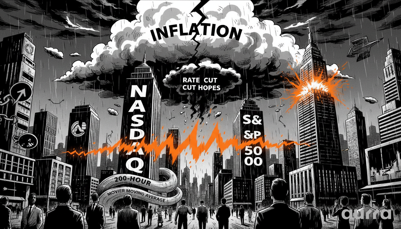 Noir-style illustration of skyscrapers labeled NASDAQ and S&P 500 standing under a breaking storm cloud labeled INFLATION, with a jagged orange stock chart line cutting through the city.