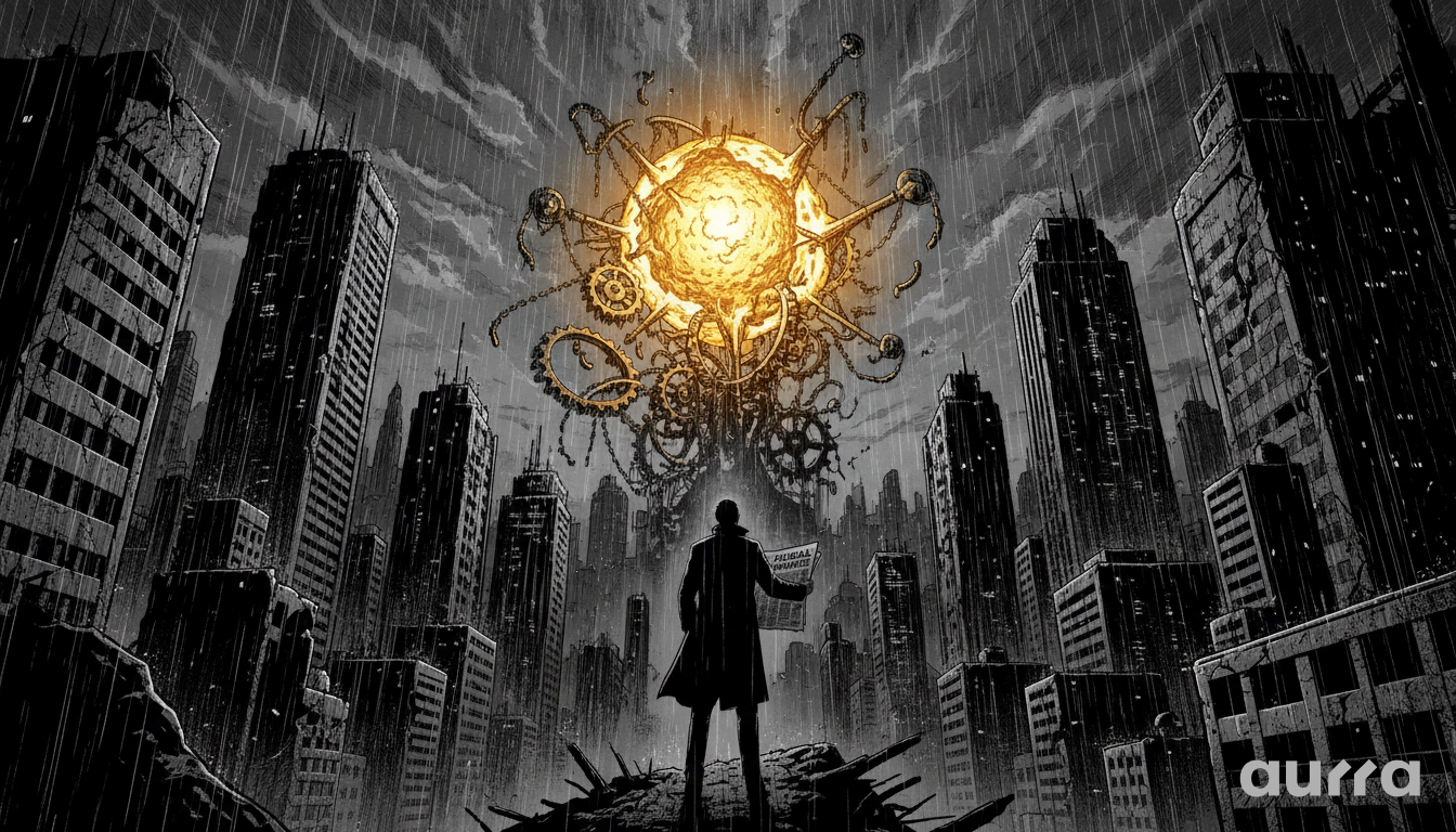 Noir-style illustration of a massive, swirling tornado of liquid gold tearing through a dark city skyline, representing the volatile and rapid surge of XAU/USD to new all-time highs.