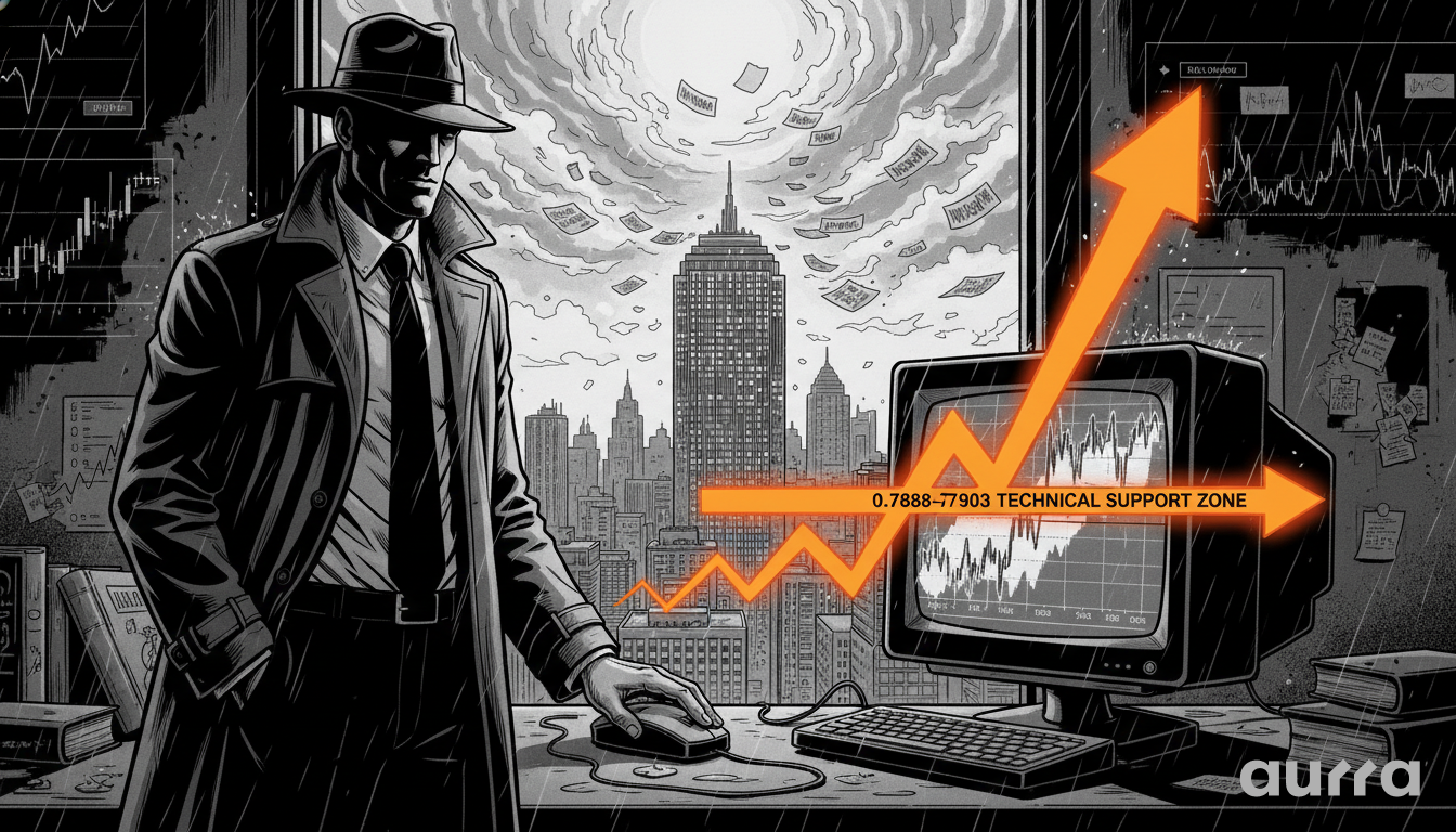 Illustration of an investigator in a trench coat standing in an office with a rainy city view, looking at a retro computer monitor. A glowing orange upward arrow labeled 0.7888-0.7903 TECHNICAL SUPPORT ZONE bursts from the chart on the screen.
