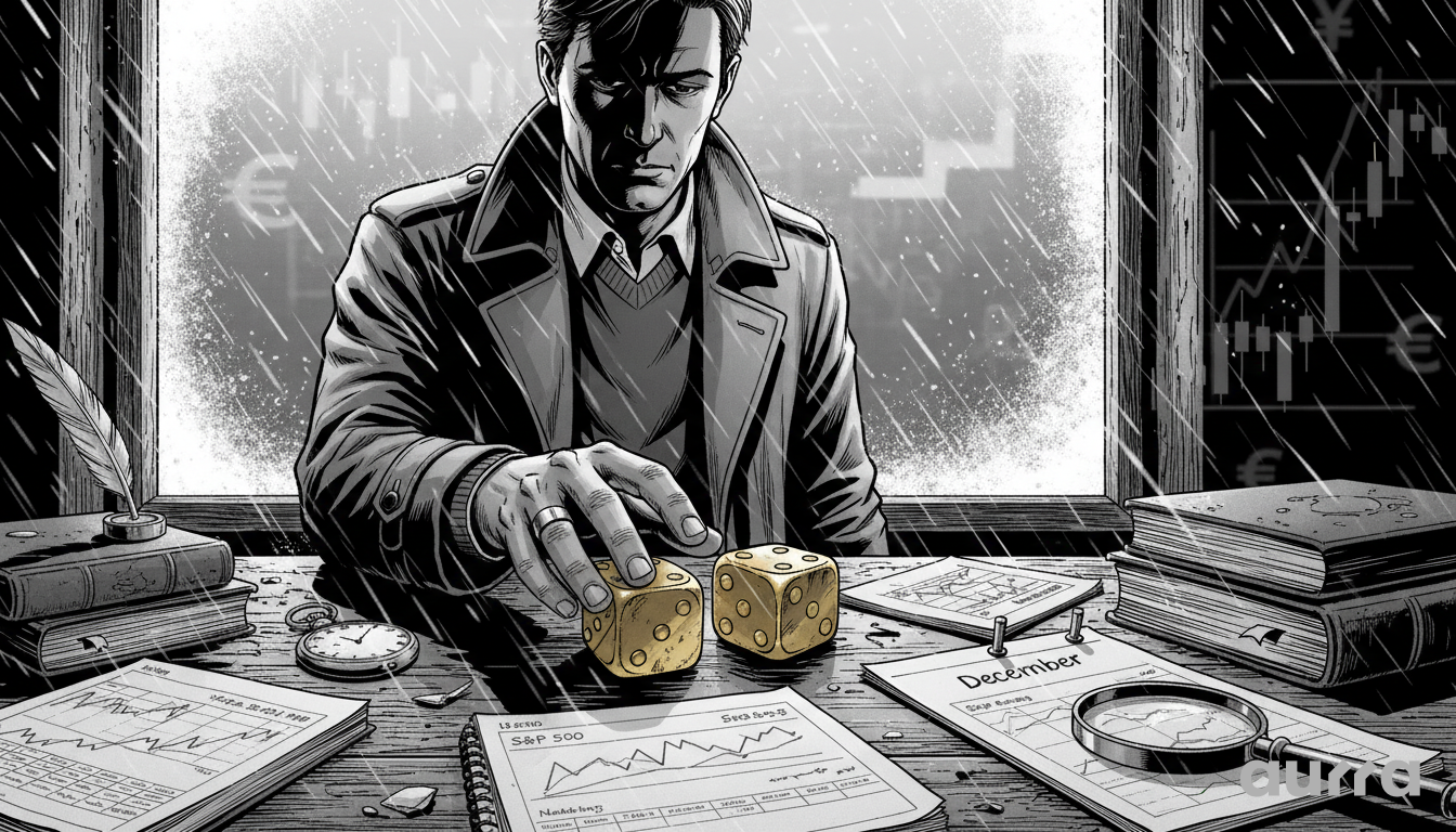 A man in a trench coat looking at two golden dice on a desk covered in stock charts and a calendar page labeled 'December S&P 500'.
