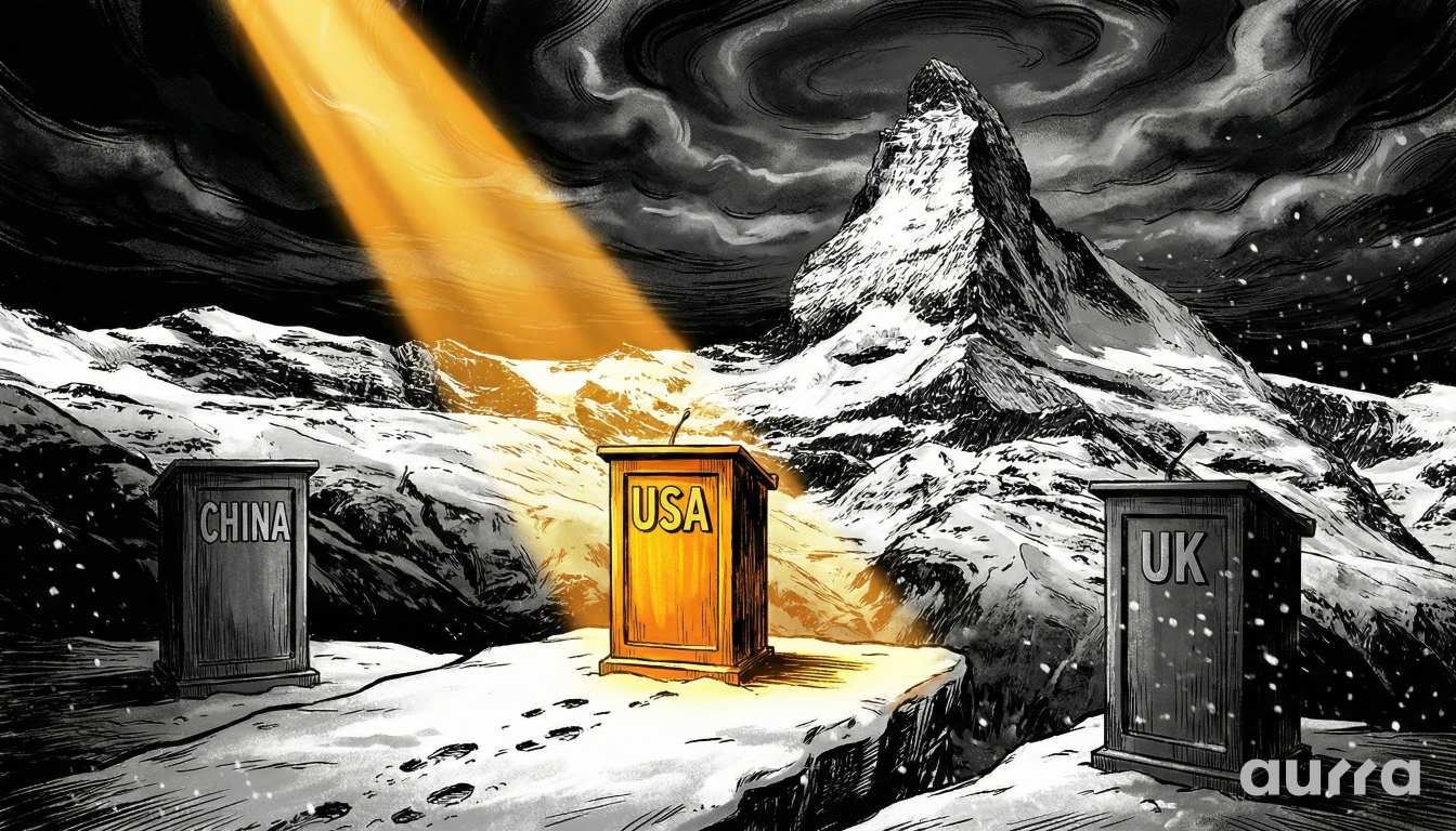 Noir-style illustration of a snowy Swiss mountain peak (Davos) with a bright spotlight shining on a podium labeled "USA," while adjacent podiums labeled "CHINA" and "UK" sit dark and empty, symbolizing the divided global attendance.