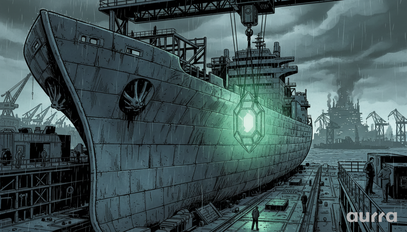 Noir illustration of a massive cargo vessel in a dry dock under construction, with a glowing core symbolizing the revitalization of the U.S. shipbuilding industry.