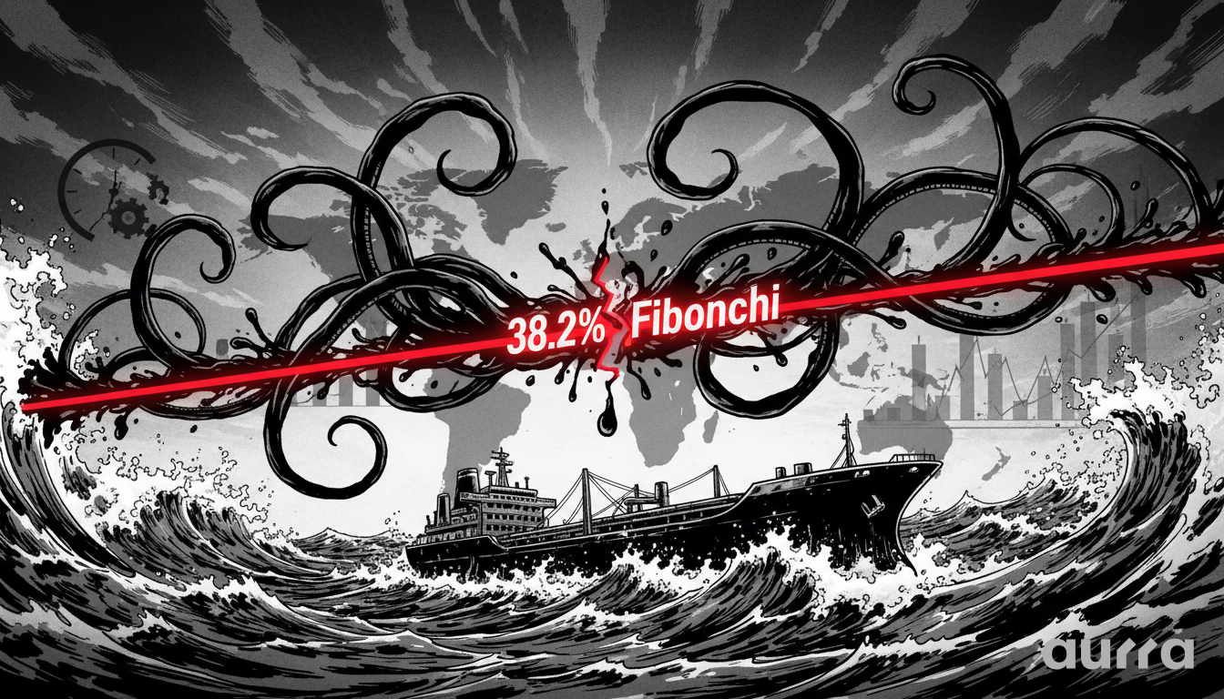 Illustration of dark oil tentacles rising over a cargo ship in turbulent seas. A bright red laser line labeled 38.2% Fibonchi cuts horizontally across the tentacles, with a faint world map and bar charts in the background.