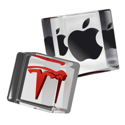 Apply and Tesla logos inside of glass boxes