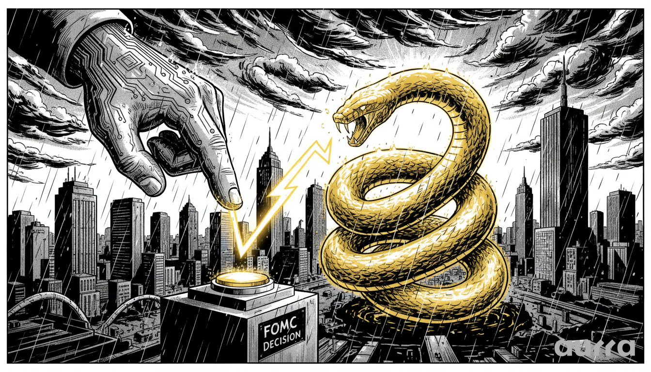 Illustration of a robotic hand squeezing a gold bar in front of the Federal Reserve building, symbolizing the pressure of monetary policy on gold prices.