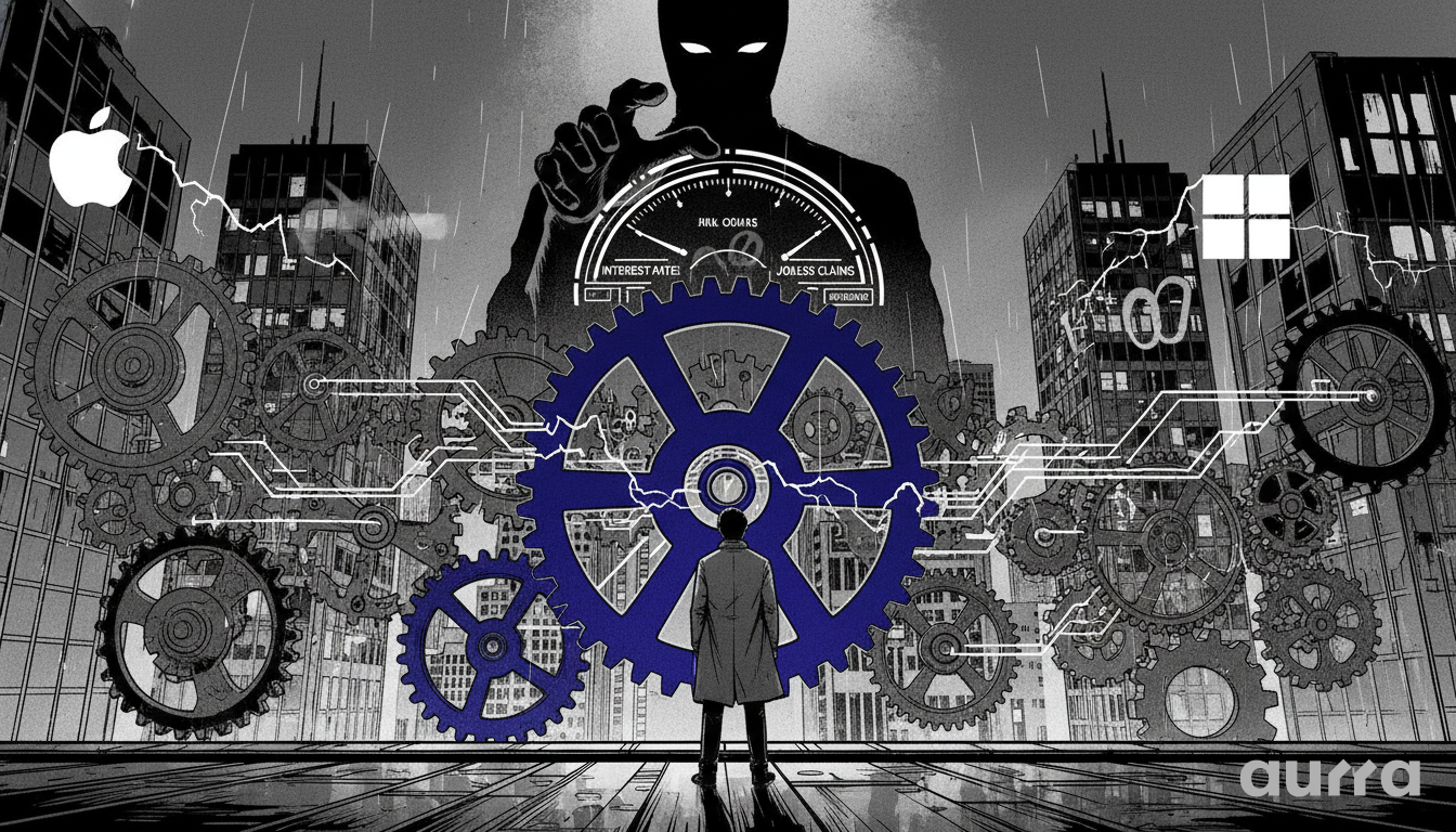 Illustration of an investor standing before a massive blue gear connected to smaller gears with electrical current, while a giant shadowy figure manipulates an economic gauge above the city.