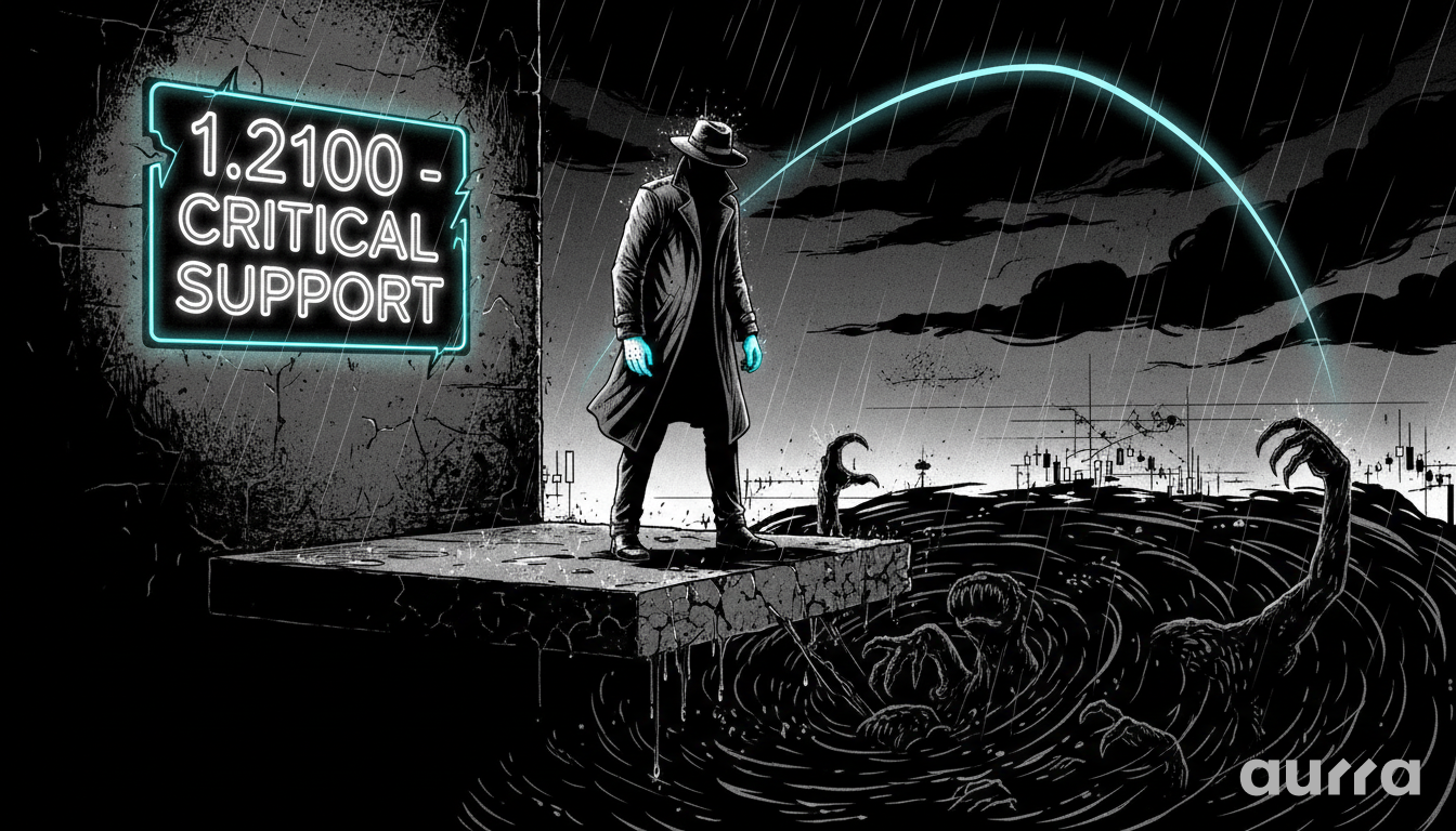 Illustration of an investor in a trench coat standing on a concrete ledge above dark water with reaching monster hands, next to a glowing neon sign reading 1.2100 - CRITICAL SUPPORT.