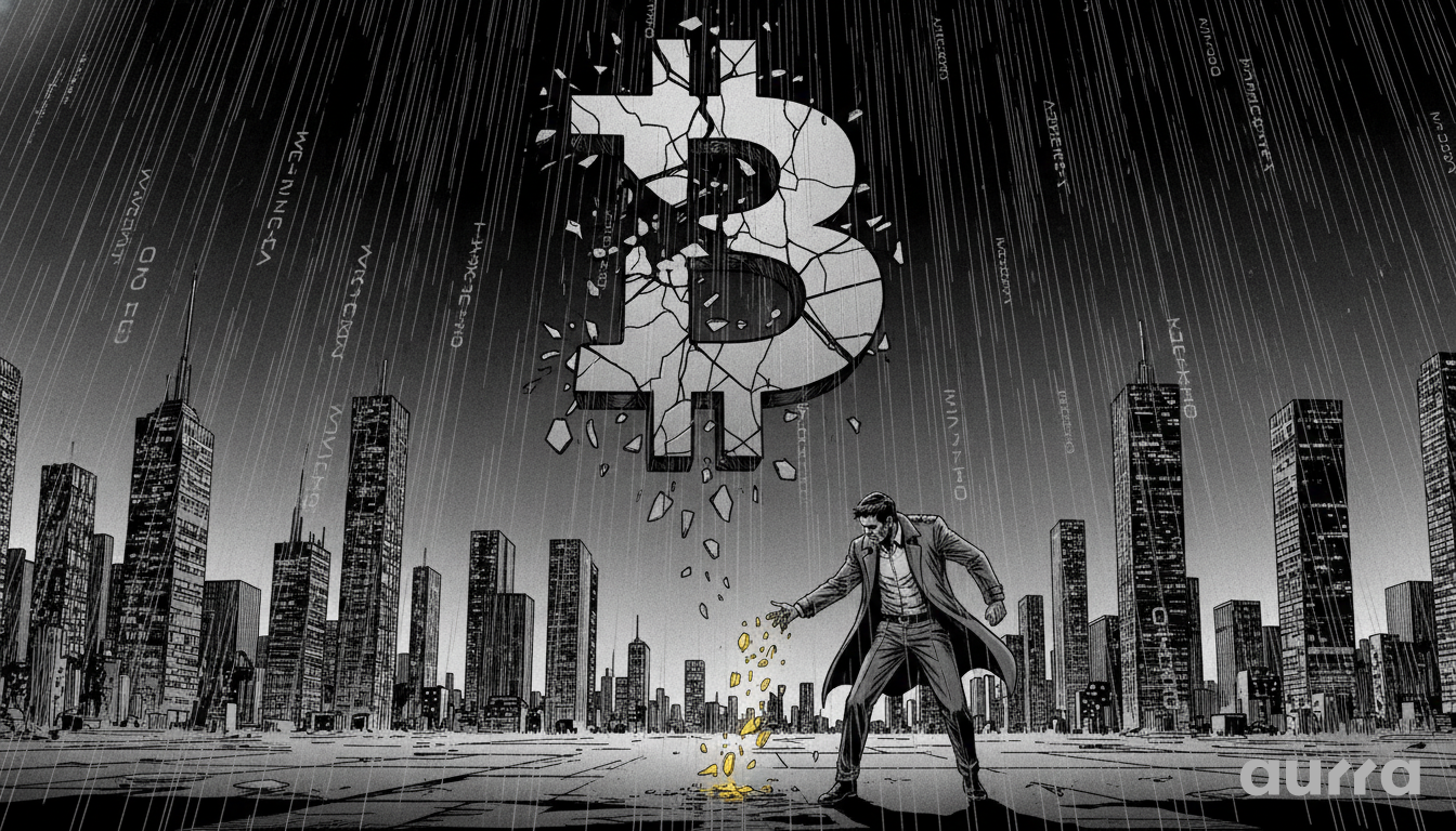 Man catching falling gold coins from a cracked Bitcoin symbol over a rainy city skyline.