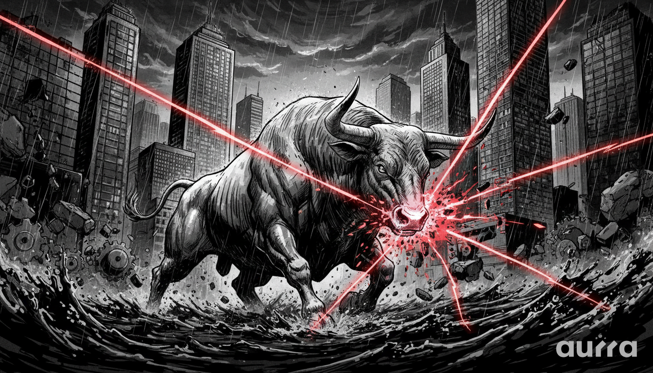 Illustration of a muscular bull standing in turbulent water amid a ruined city with falling rocks and gears. Bright red laser beams shoot toward the bull and strike its nose under a dark and stormy sky.