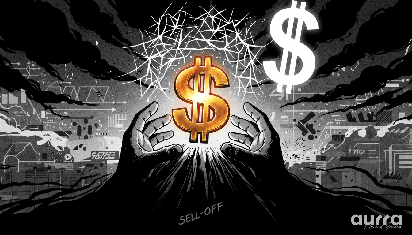 Noir-style illustration of hands reaching upward toward a glowing golden dollar sign amidst a dark, chaotic background labeled "SELL-OFF," symbolizing the market's attempt to recover value after a significant crash.