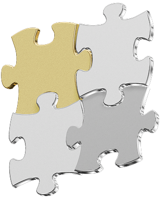 Interlocking silver and gold puzzle pieces