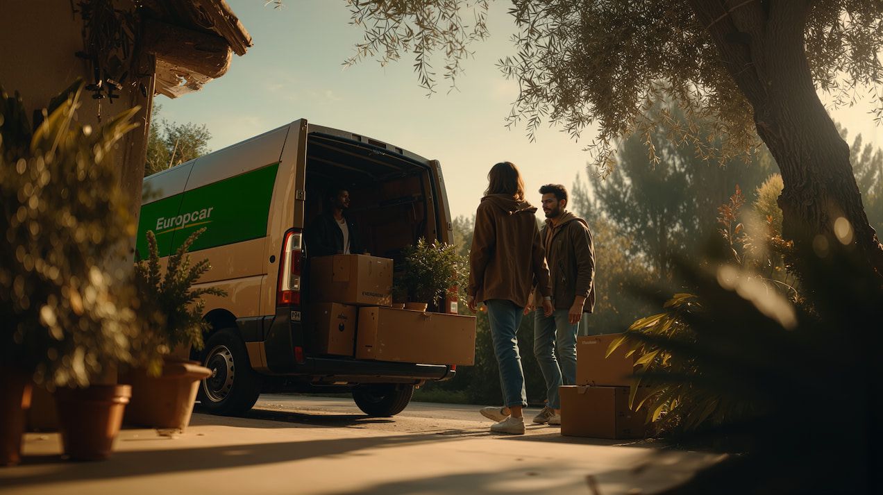 3 venner ved en flyttebil fra Europcar