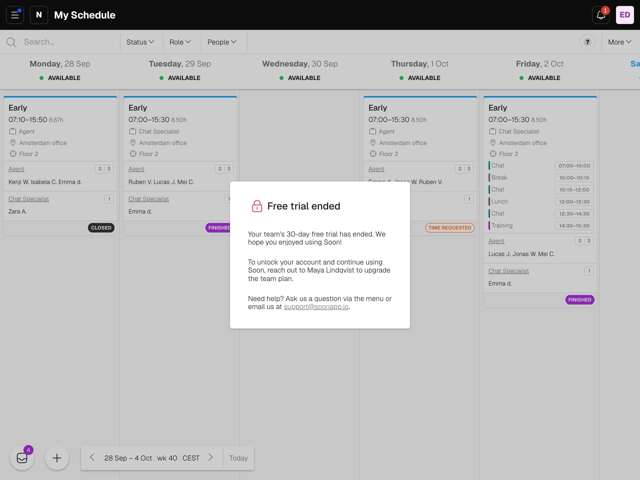 The Free trial ended window seen by a team member, asking them to reach out to the Owner to upgrade, with no buttons