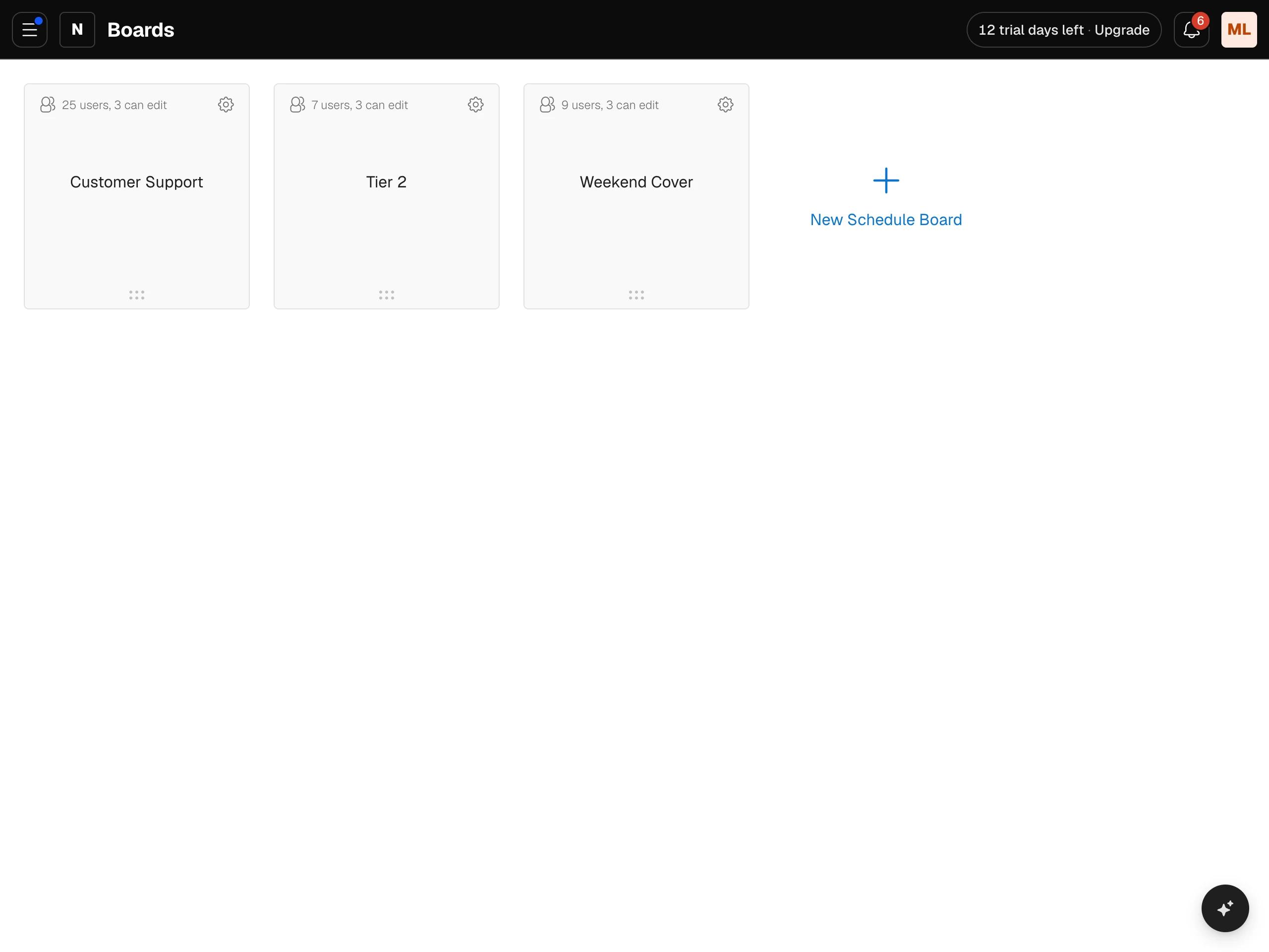The header showing 12 trial days left with Upgrade for the team Owner