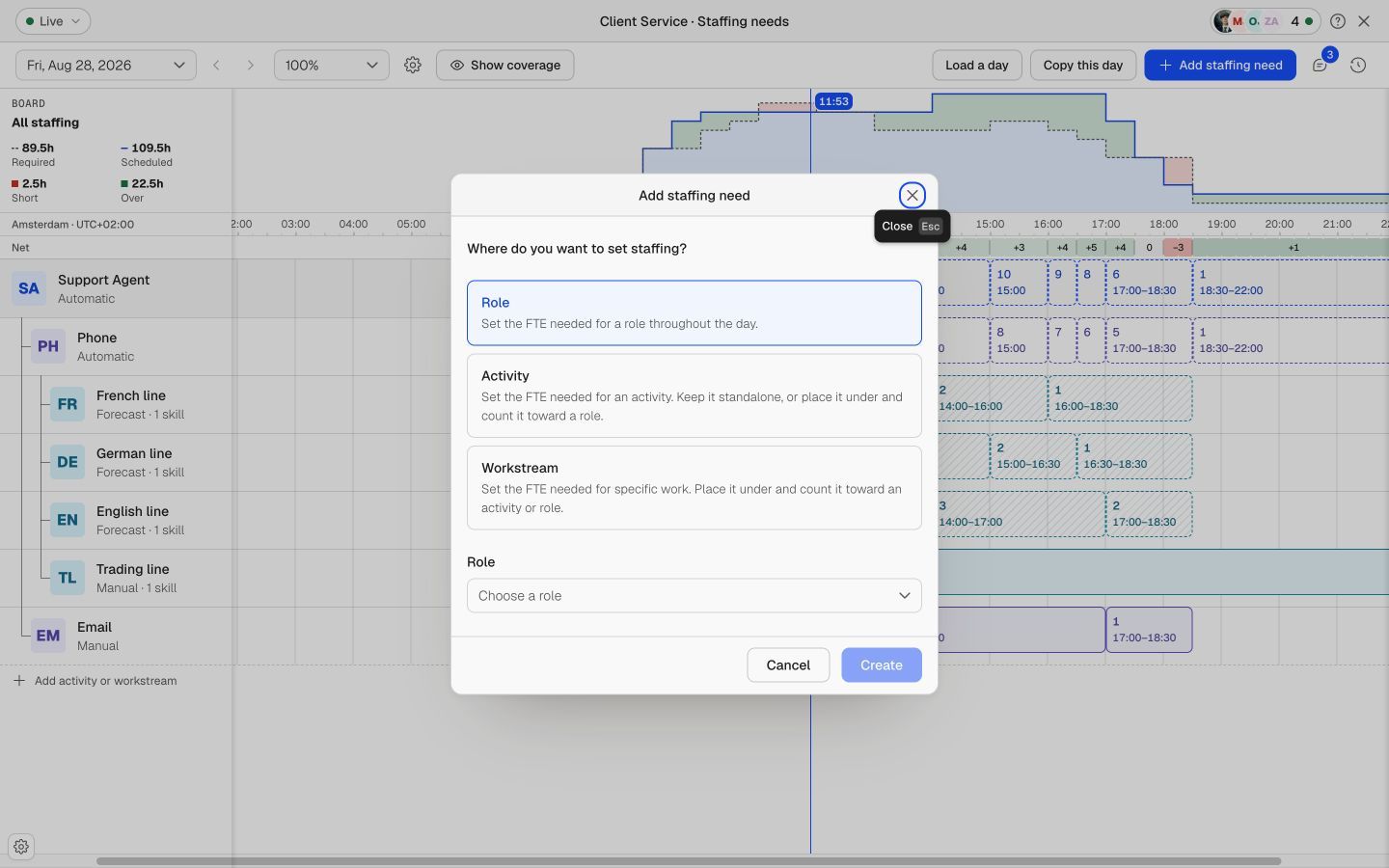 Add staffing need window with Role, Activity, and Workstream options