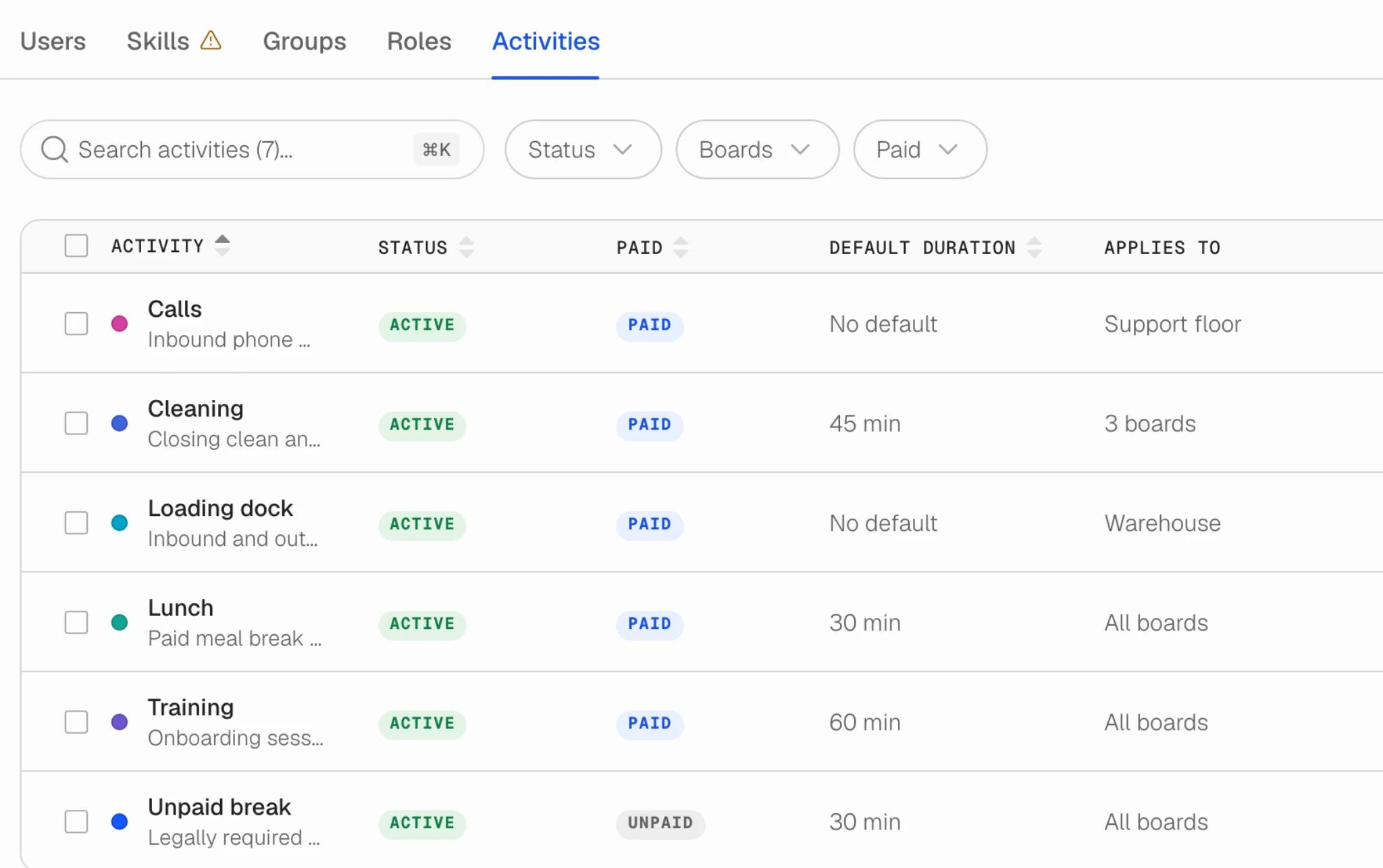 The Activities tab in Team: one row per activity with its status, whether it is paid, a default duration and which boards it applies to