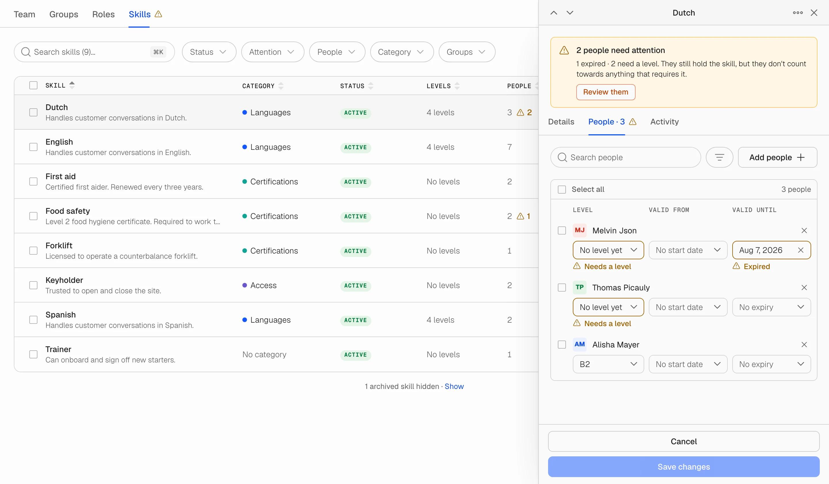 Skills sits next to Team, Groups and Roles under Users. Available to owners and admins on every plan.