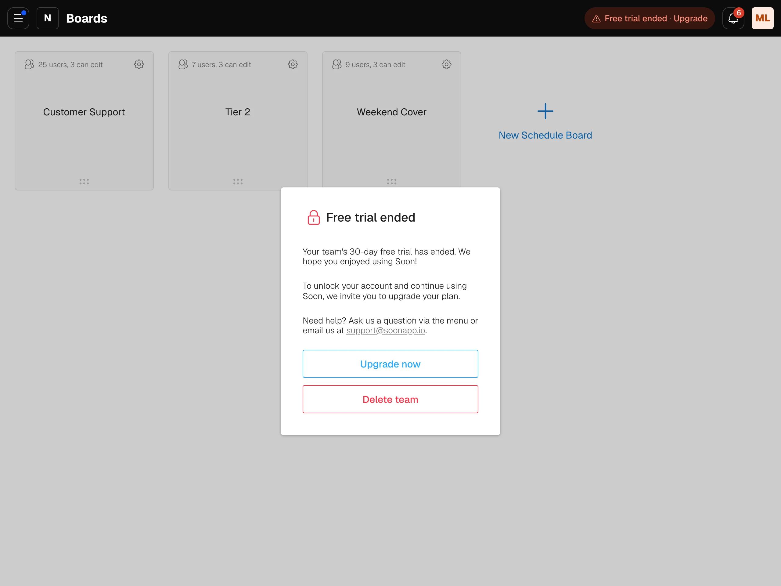 The Free trial ended window seen by the Owner with the Upgrade now and Delete team buttons, and Free trial ended with Upgrade in the header