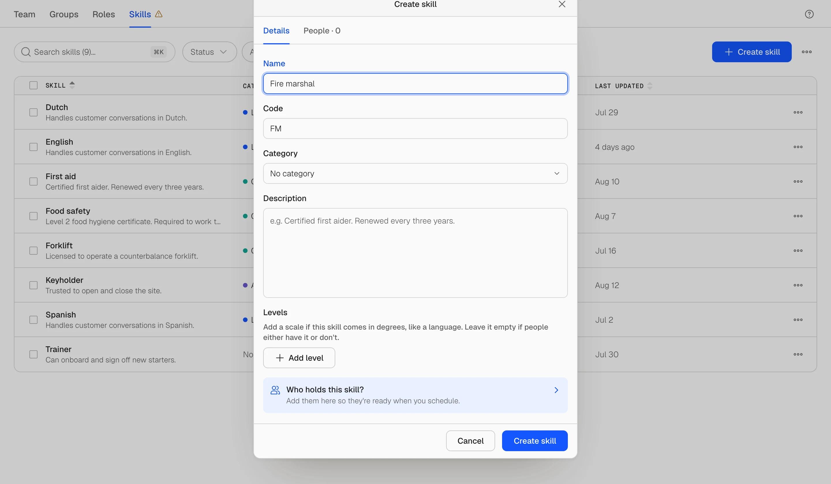 The Create skill dialog with name, code, category, description and levels