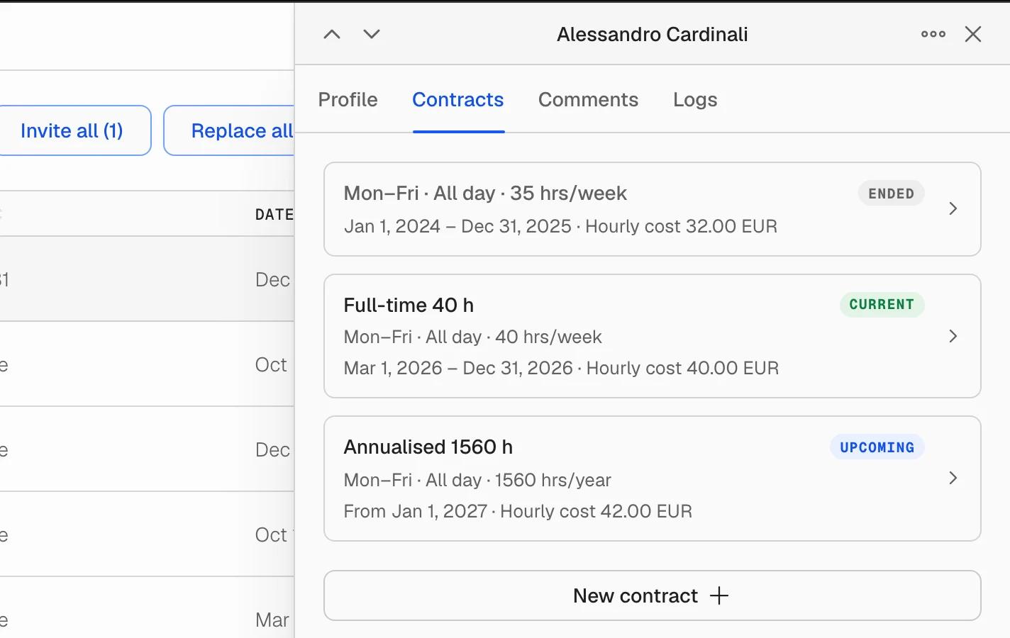 A person's Contracts tab in Team: ended, current and upcoming contracts, each with its own dates and hourly cost