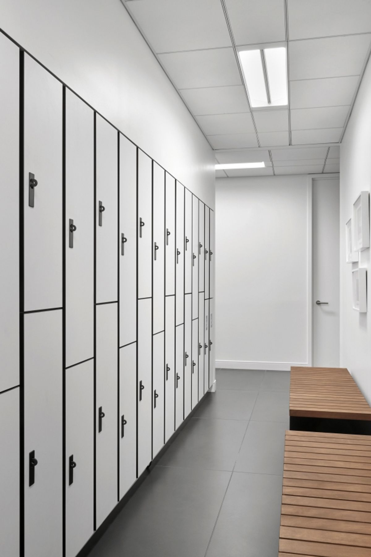 Sleek white locker room