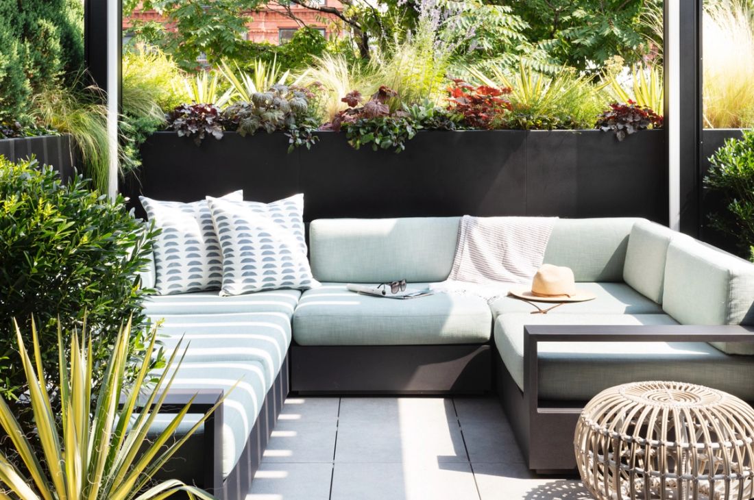 Rooftop deck sofa seating amid lush plant life