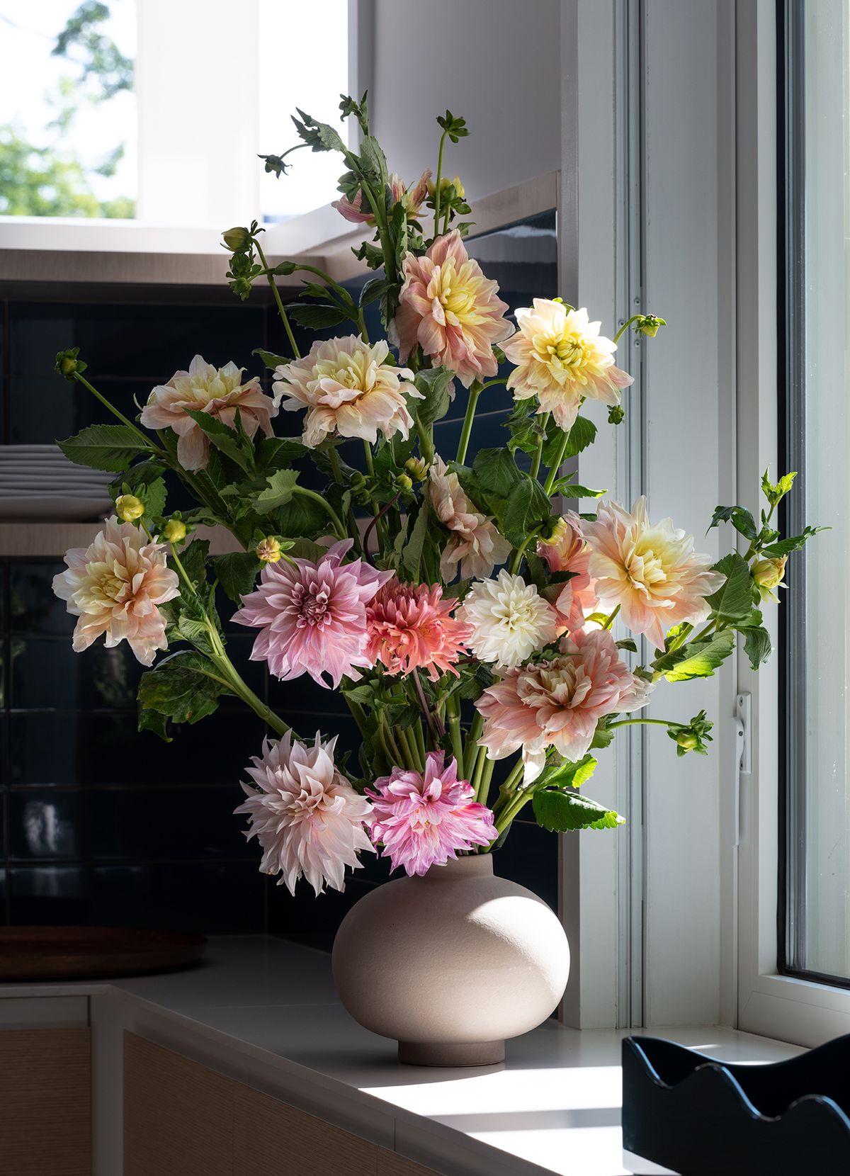 Vase with colorful bouquet of flowers