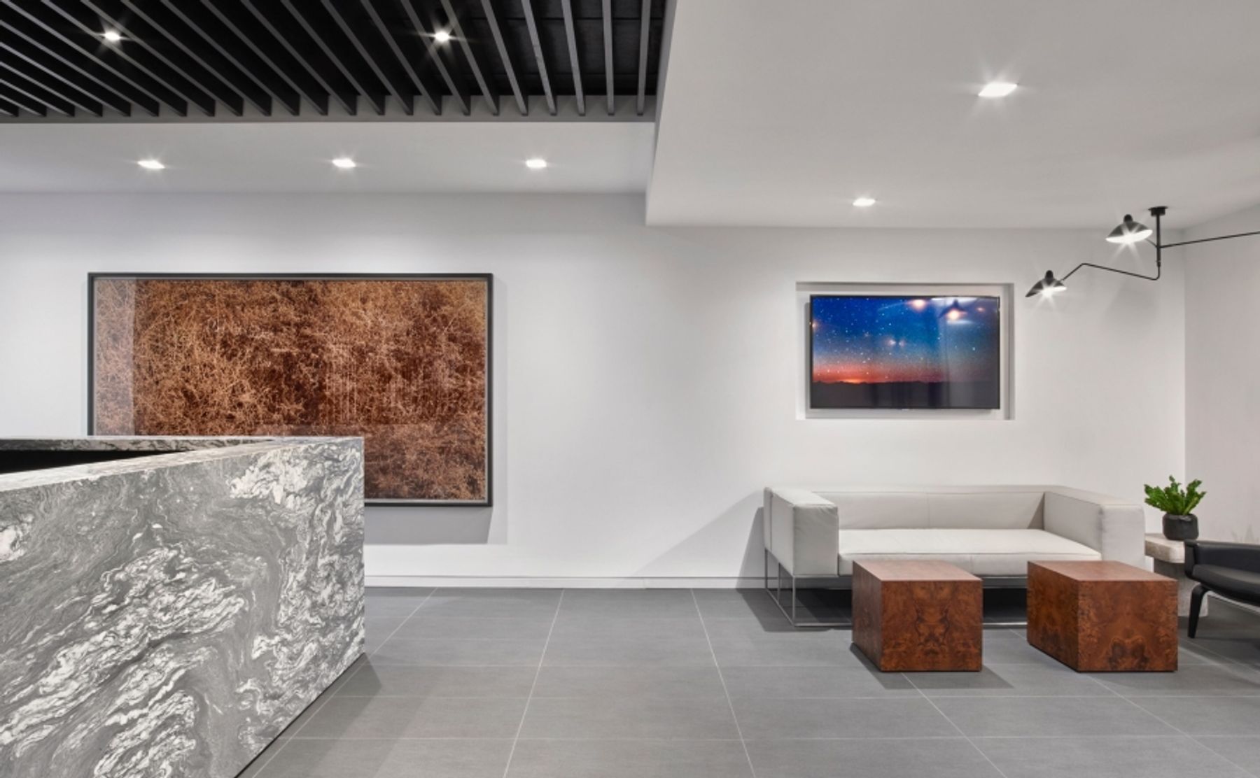 Reception area in white, gray and black and accent warm wood tones from side tables and artwork