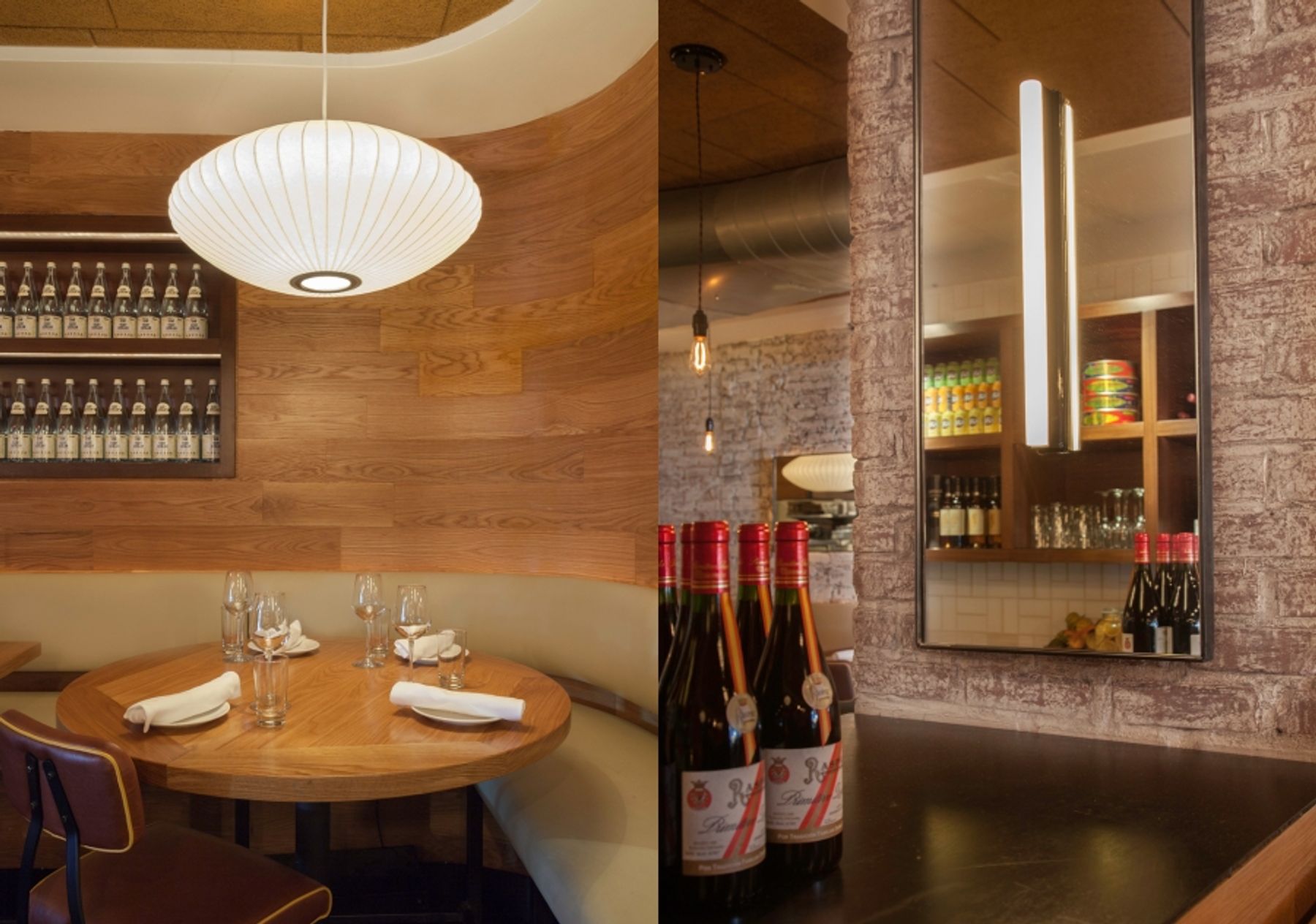 Seating nested into a curved corner; detail of wine on right