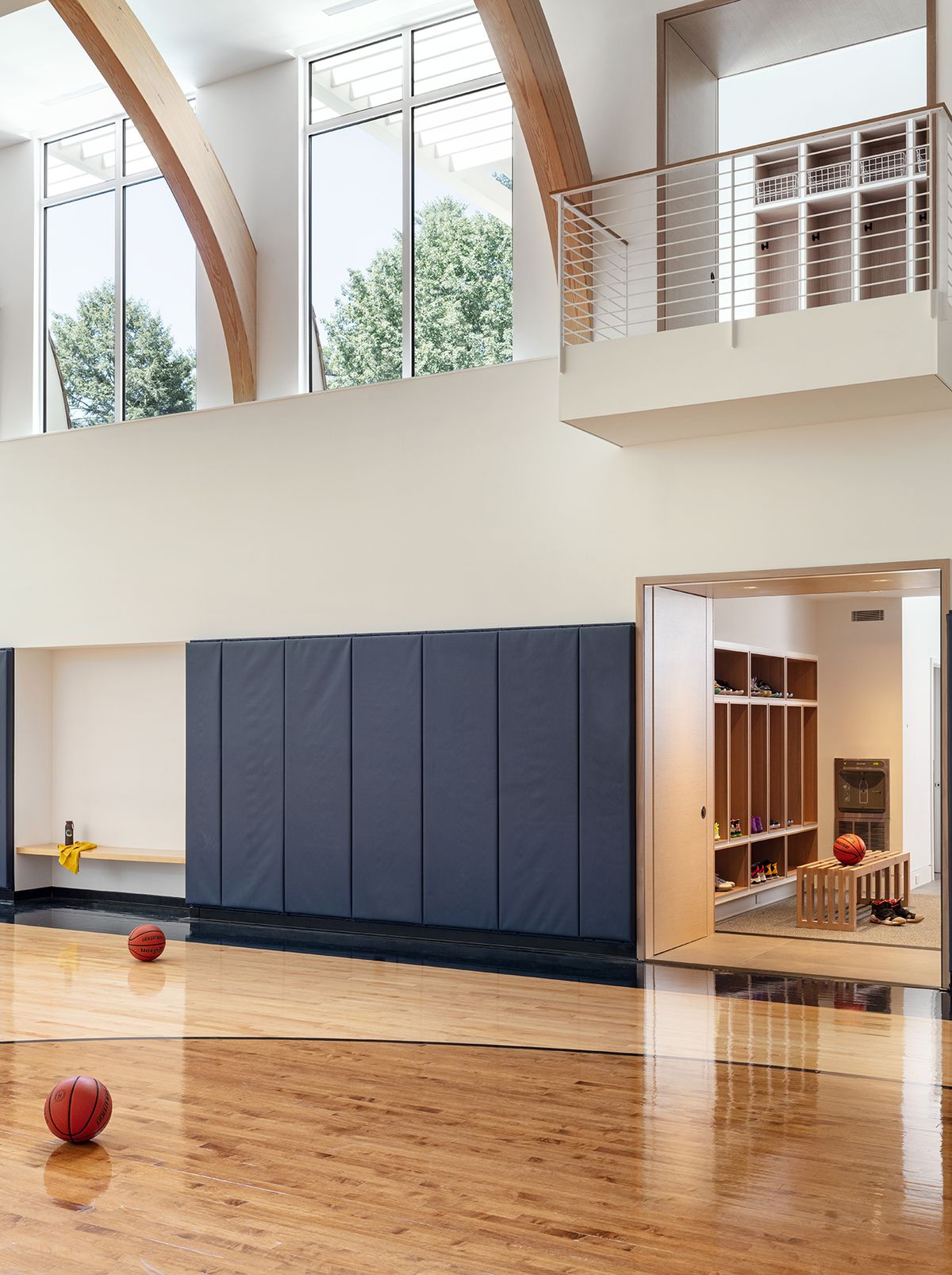 Basketball court looking into locker room