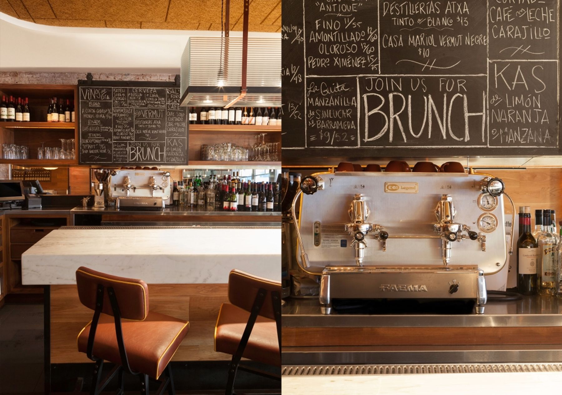View into kitchen over the thick, white marble countertop and chalkboard menu and bourbon-colored leather counter stools; detail of Faema espresso machine