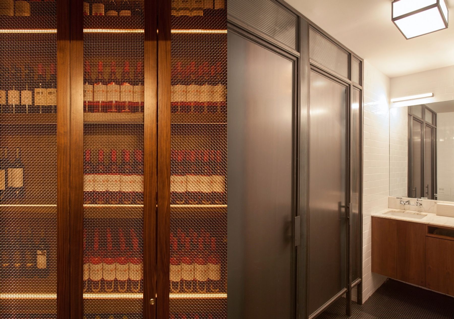 Detail of dark wood cabinet with metal grid grating; detail of bathroom on right