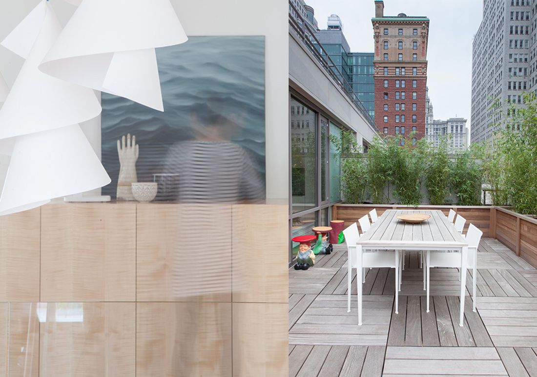 Detail of art and credenza on left; rooftop patio with teak flooring and fencing and big outdoor dining table