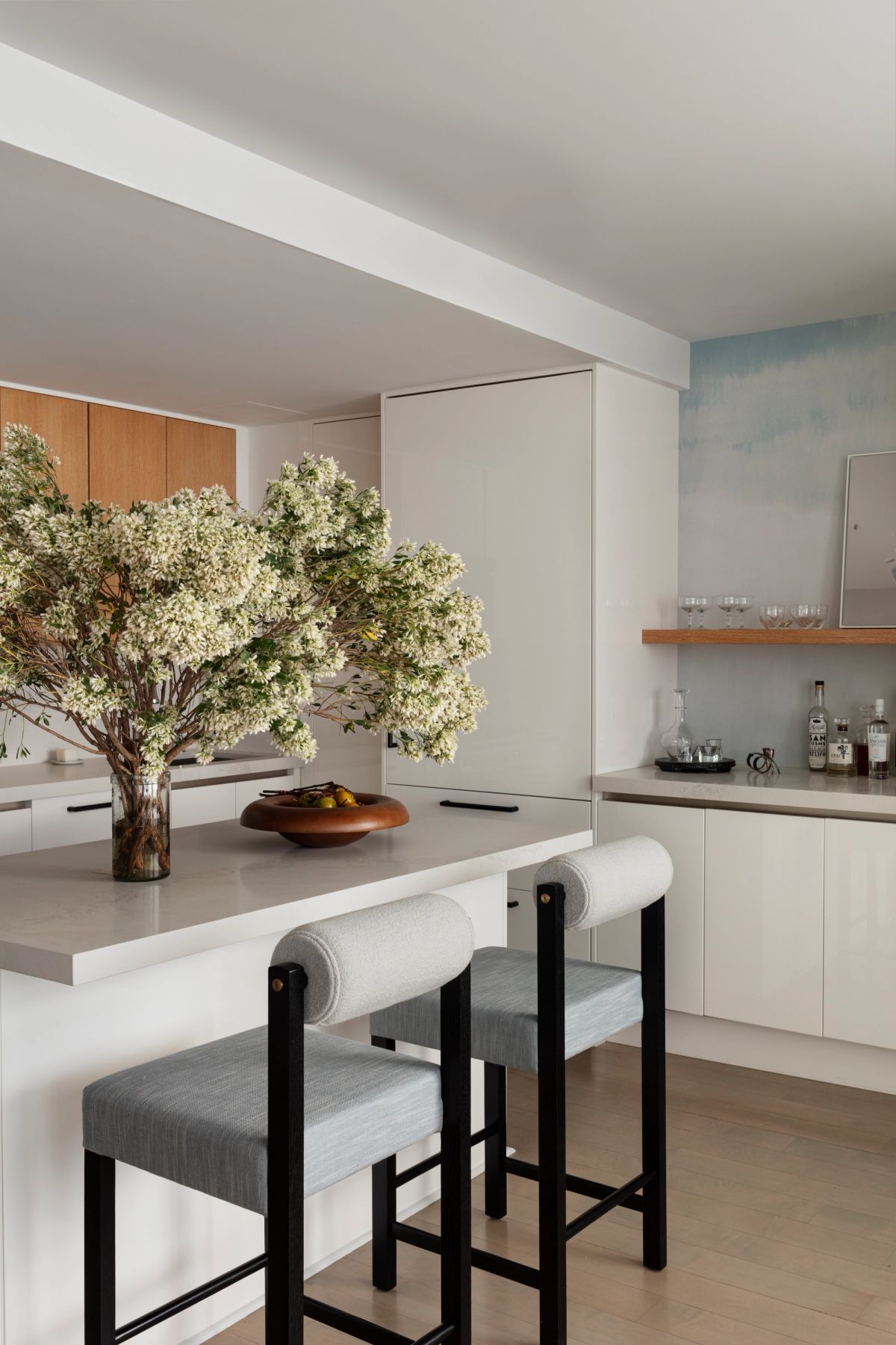 Angled view of kitchen counter and bar