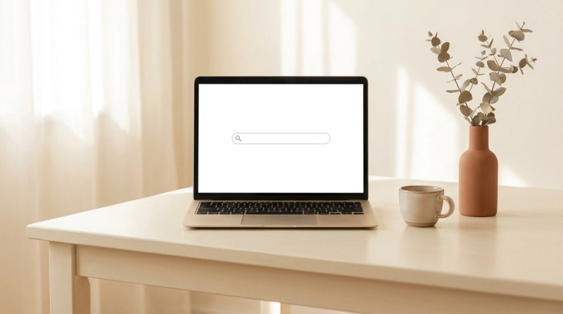 Laptop mit leerer Suchleiste auf warmem, minimalistischem Schreibtisch — SEO für ästhetische Praxen
