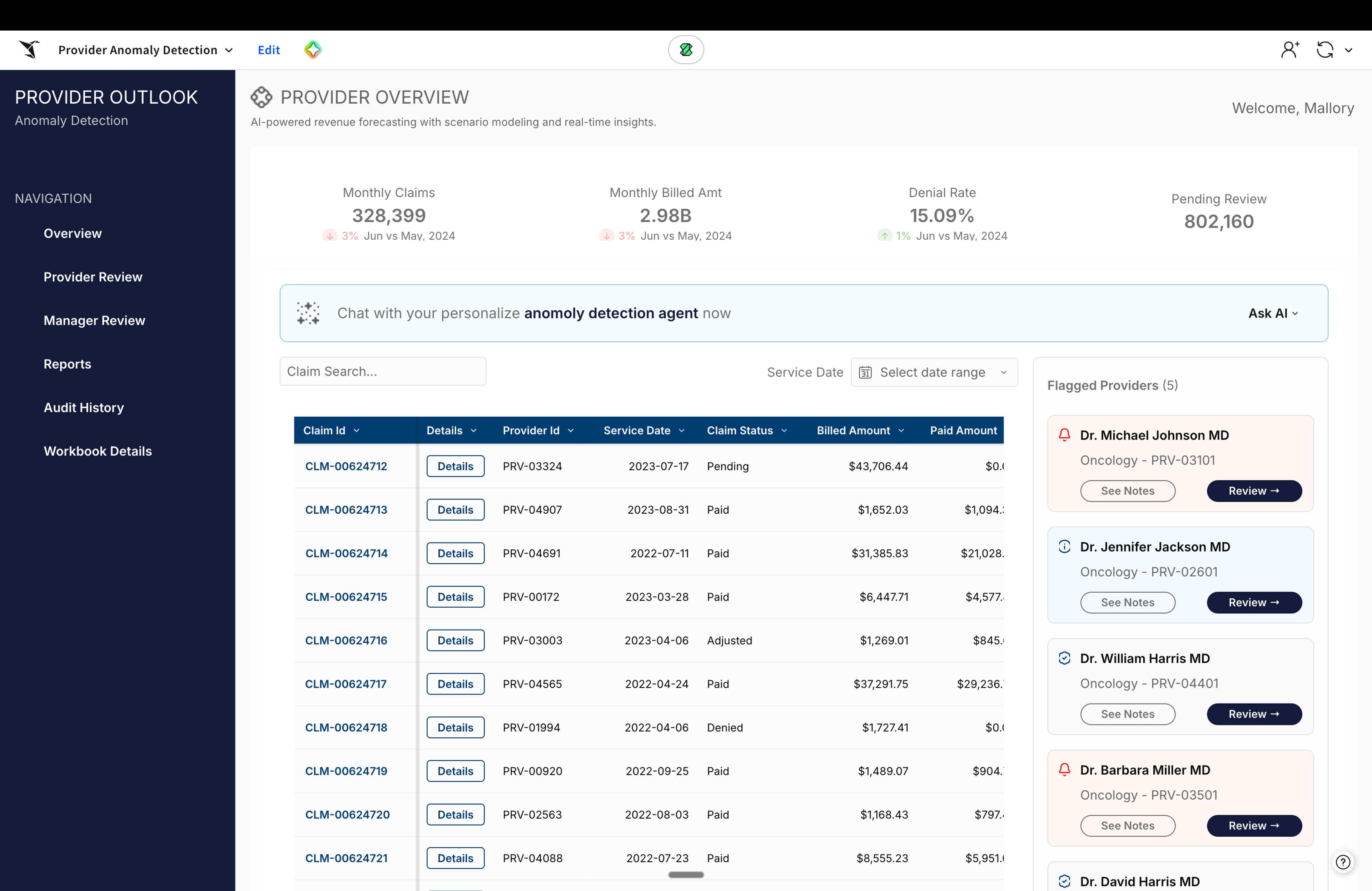 The app's home tab showing a 10-million-claim table, five flagged providers, and an anomaly-detection agent built into the workbook