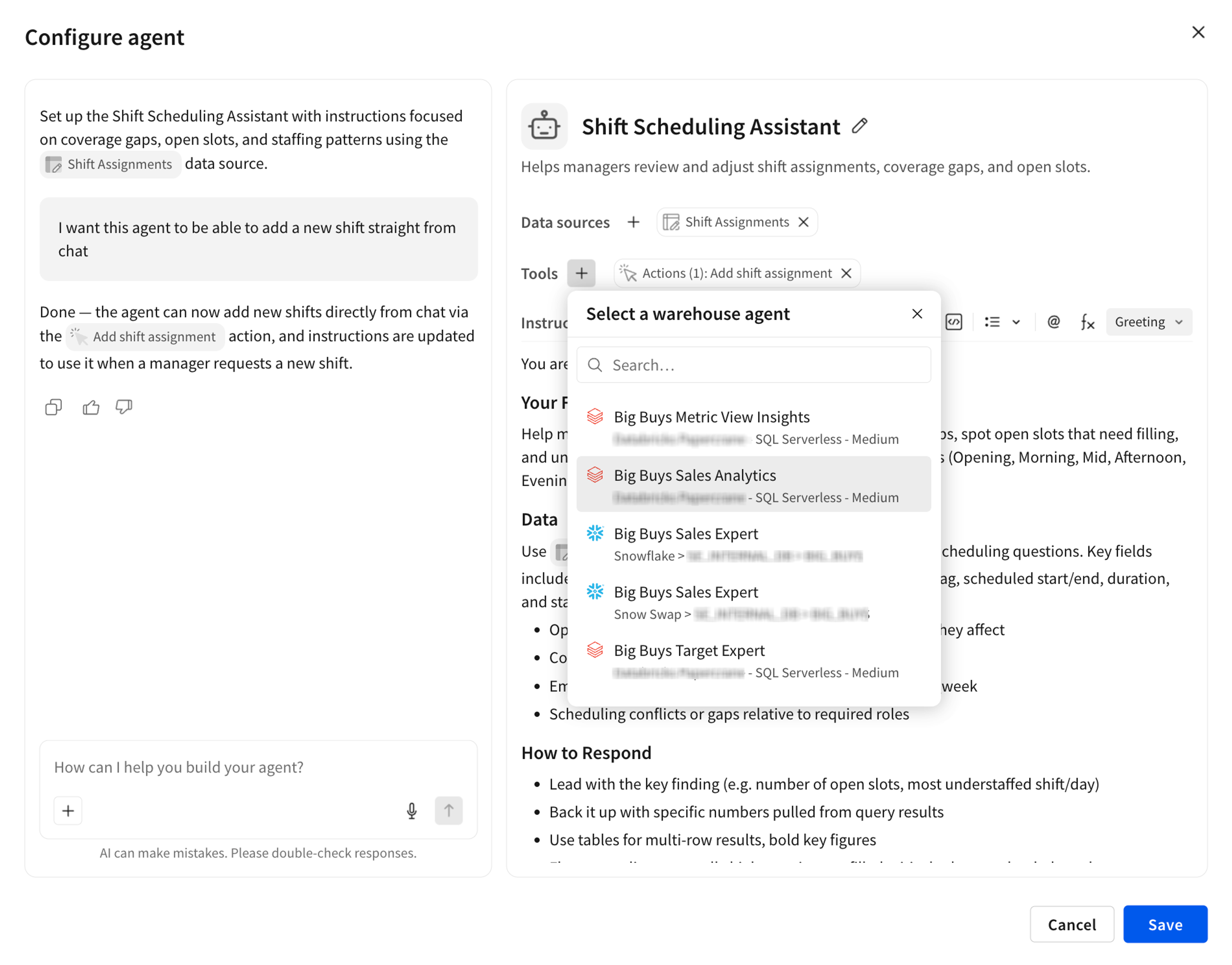 Configure agent: Select a warehouse agent menu