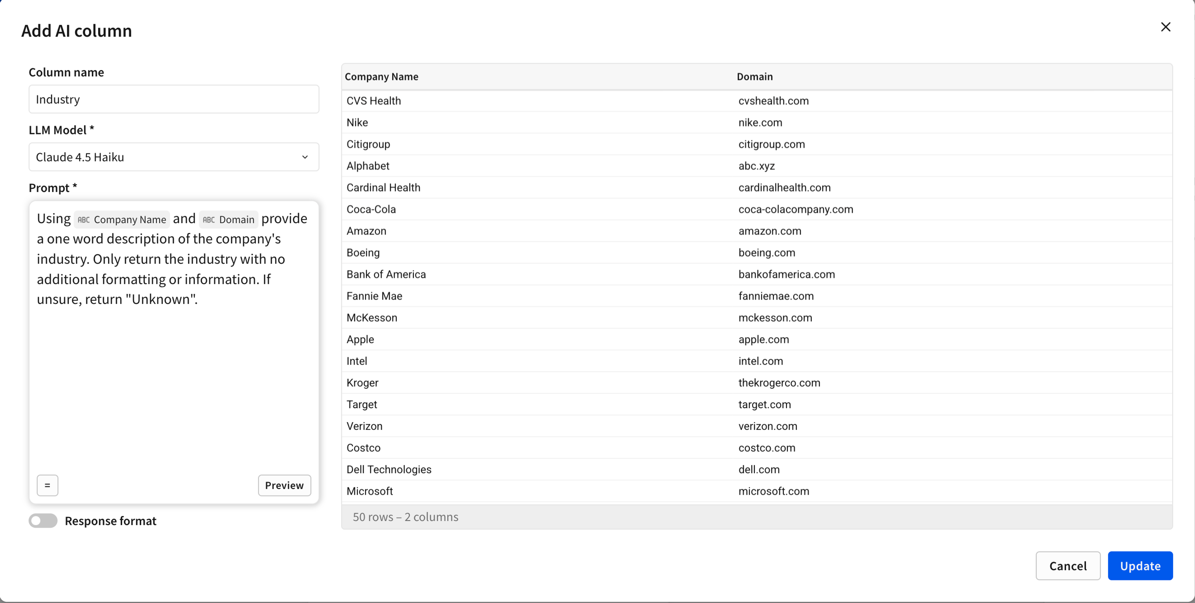 Preview the AI Column prompt