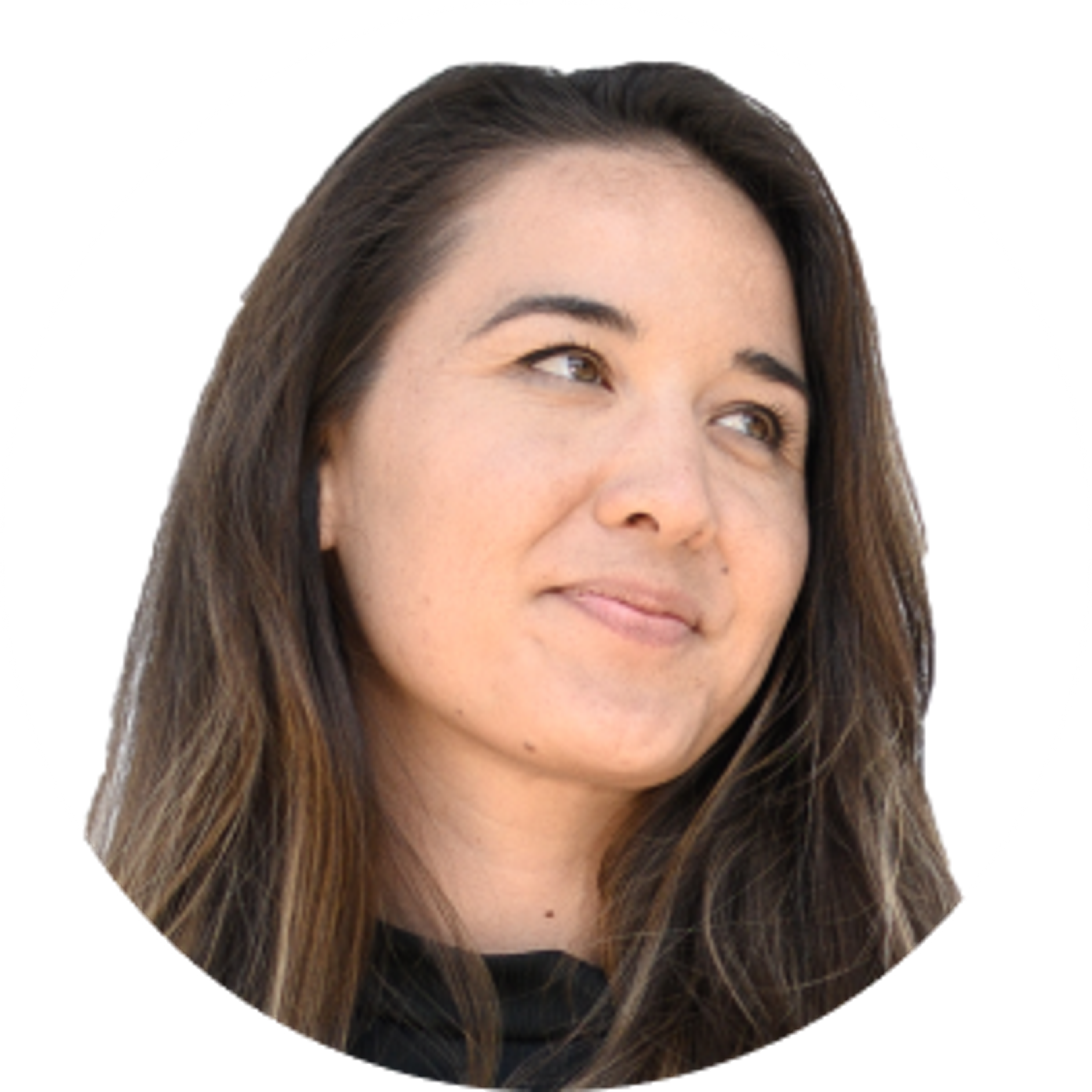 A woman with long hair and a black shirt.