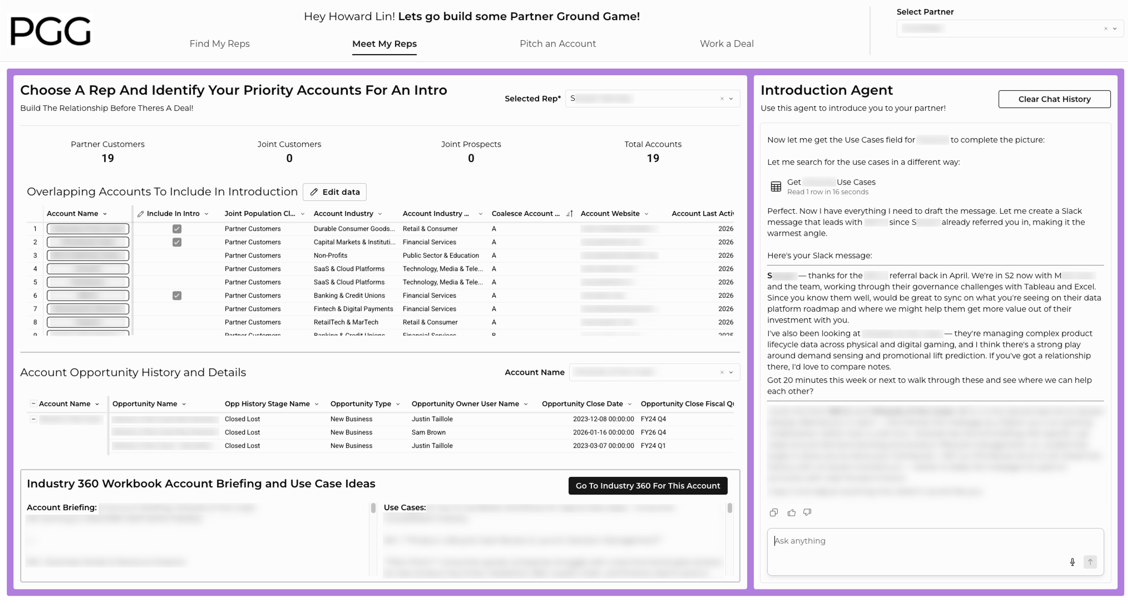 The Meet My Reps page, where the Introduction Agent drafts a partner outreach message for selected accounts.