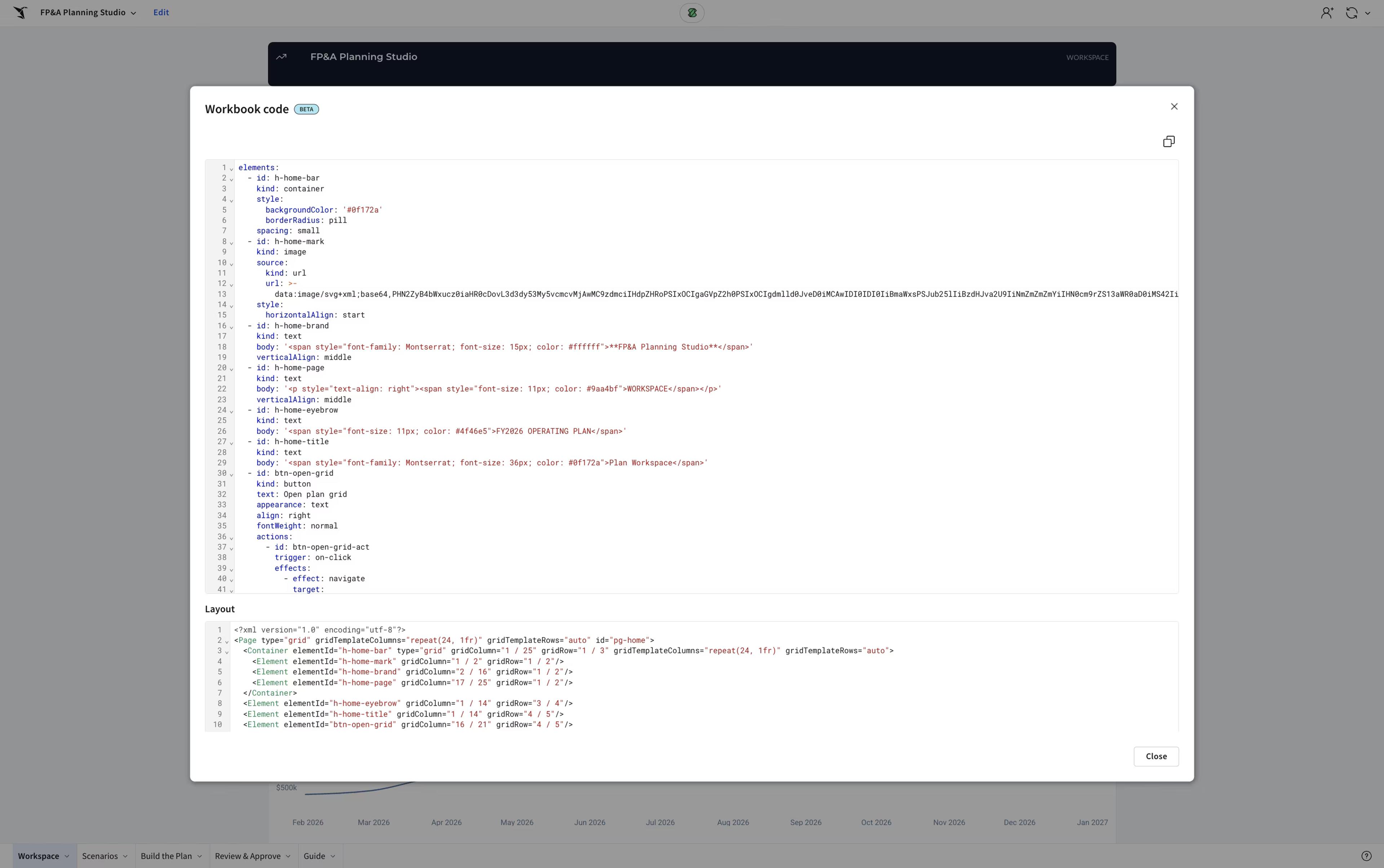Sigma's Workbook code panel showing the YAML elements and layout markup behind the FP&A Planning Studio workbook
