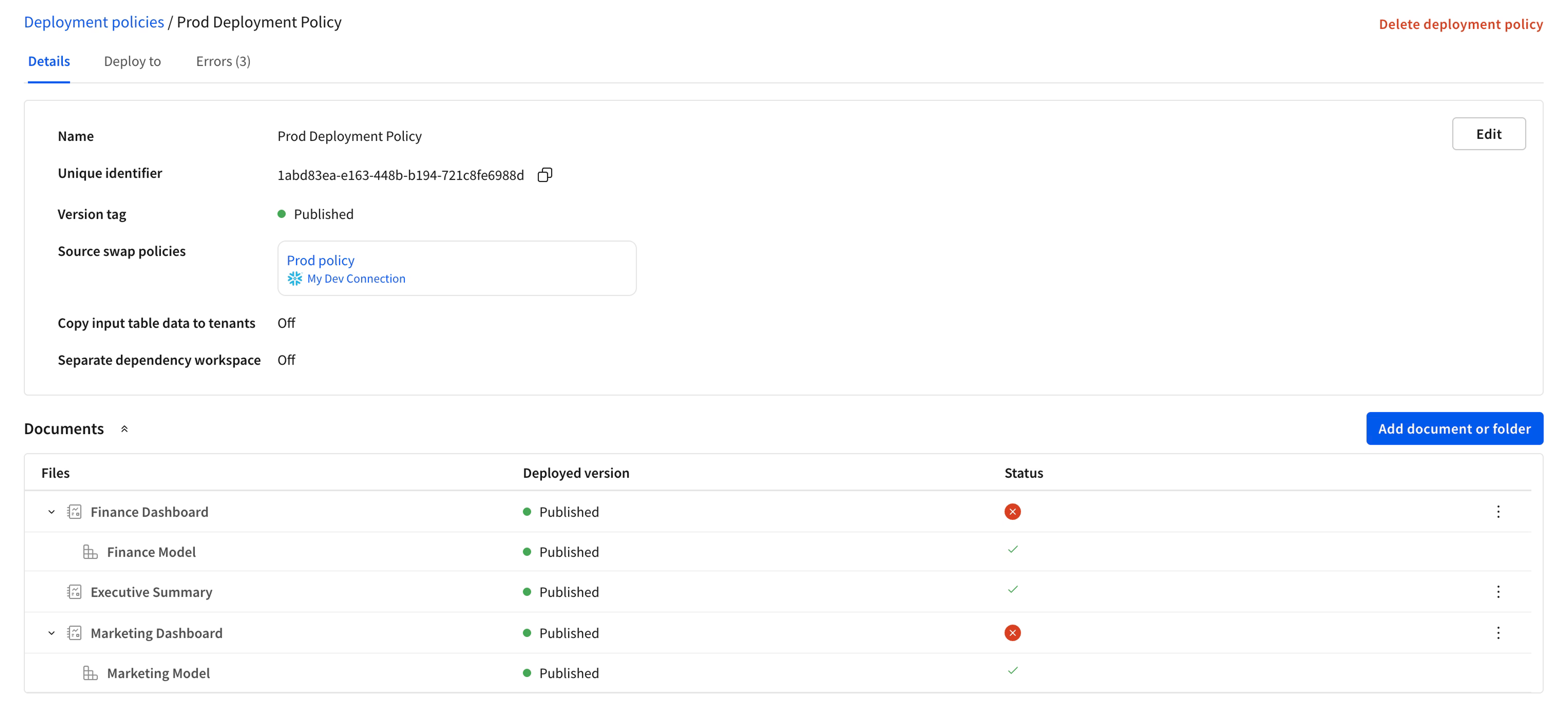 Sigma deployment interface showing deployed documents organized into folders alongside a dependency list