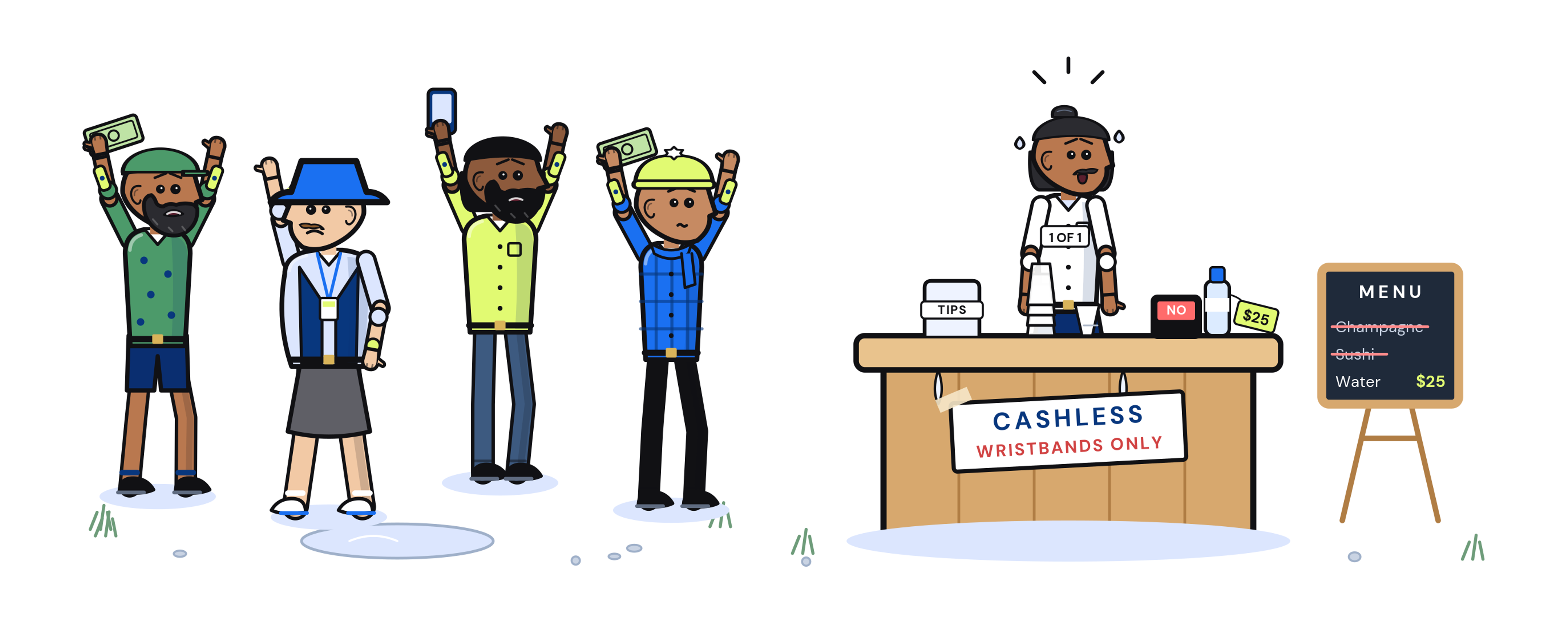 Illustration of guests waving cash at a bar that only takes wristbands, with champagne and sushi crossed off a menu that now lists $25 water