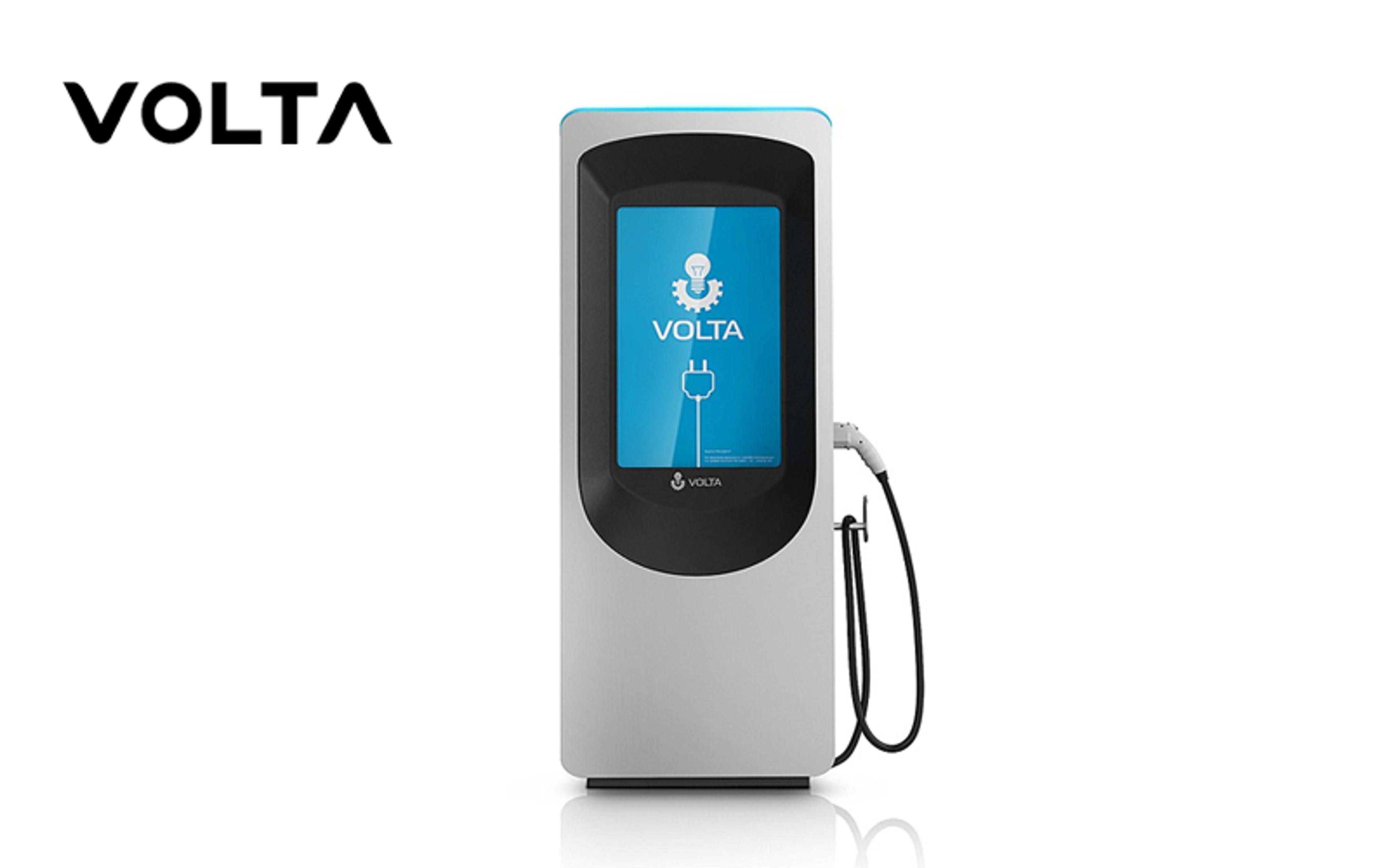 A Volta charging station with a blue screen.