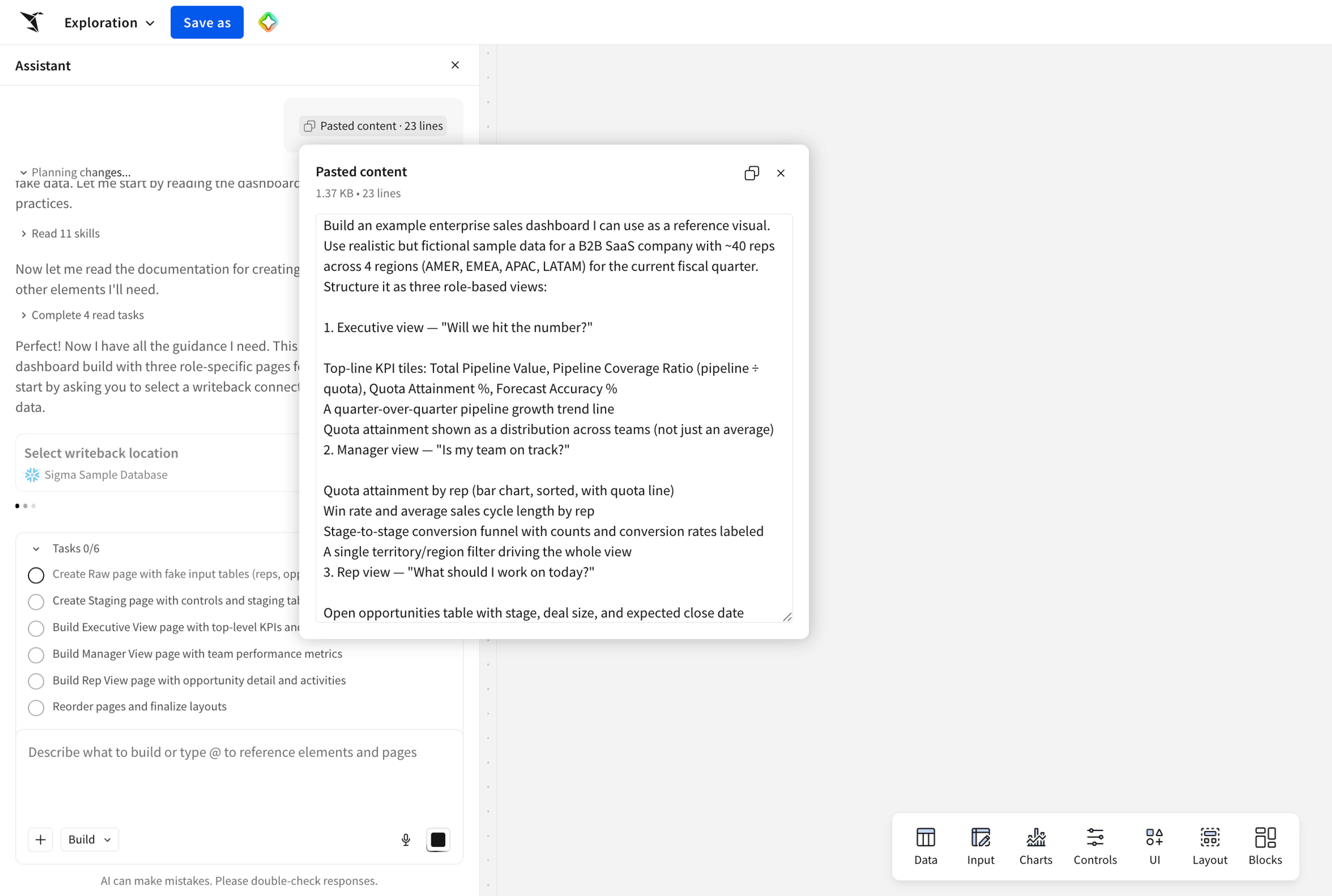 Sigma assistant creating a sales dashboard