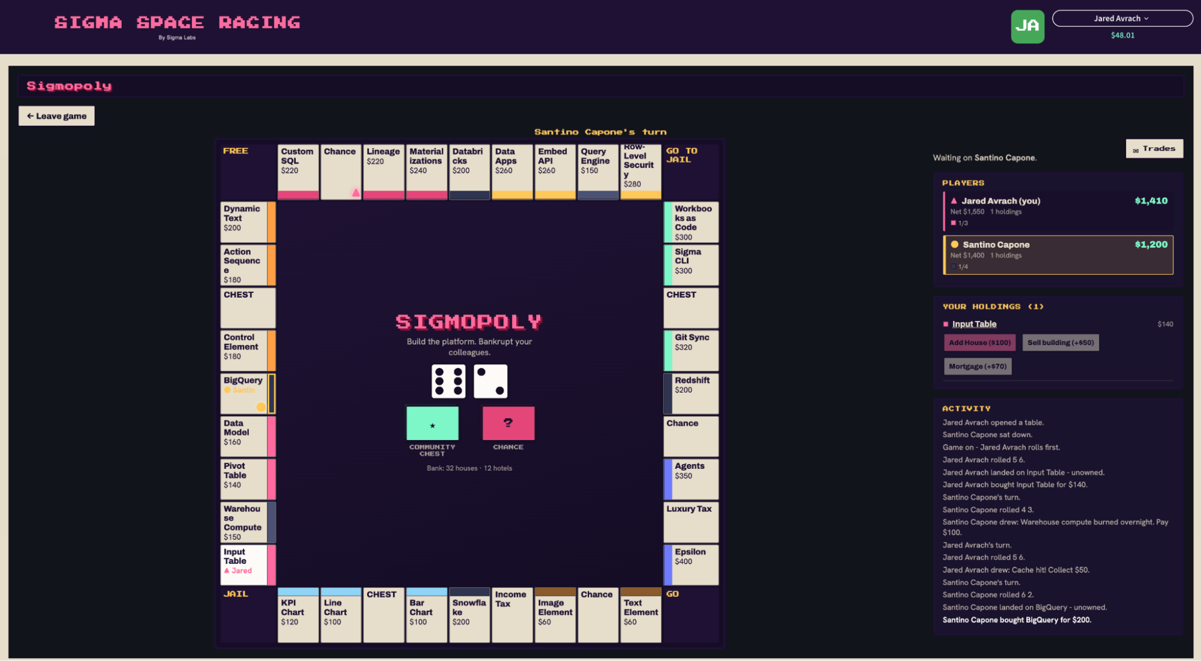 Two players mid-game in Sigmopoly inside SigmaVerse, with player balances, holdings, and a live activity log of rolls and trades