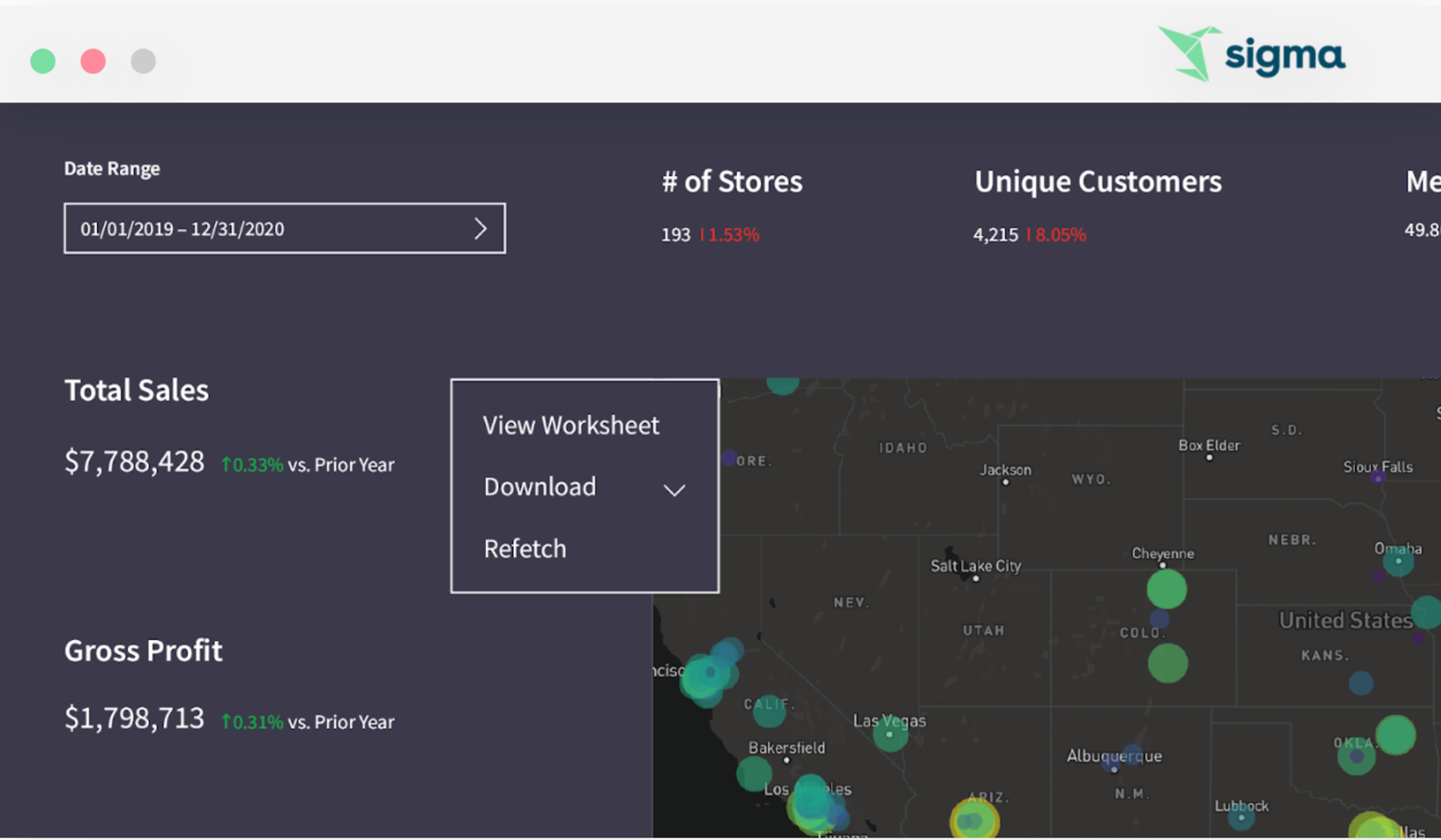 A map of the United States with a list of unique customers.
