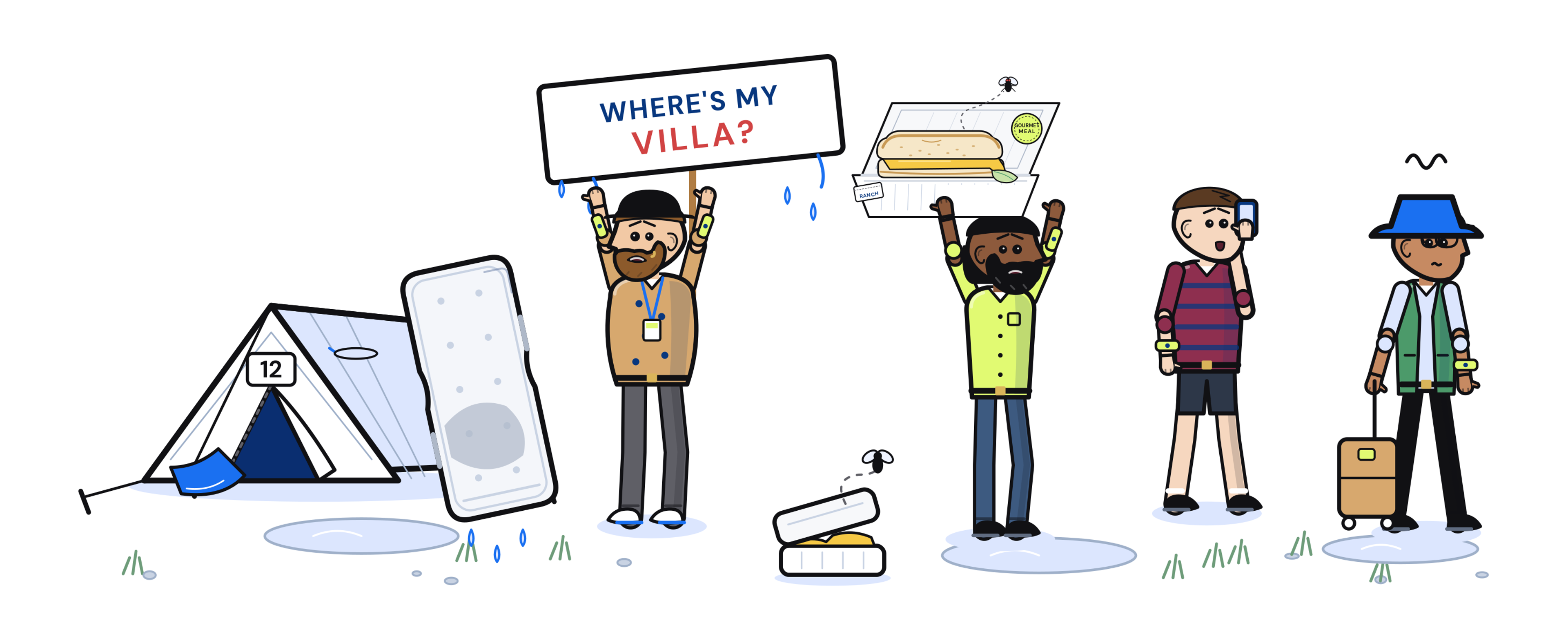 Illustration of guests beside a soggy tent holding a sign asking where their villa is and a cheese sandwich in a foam box