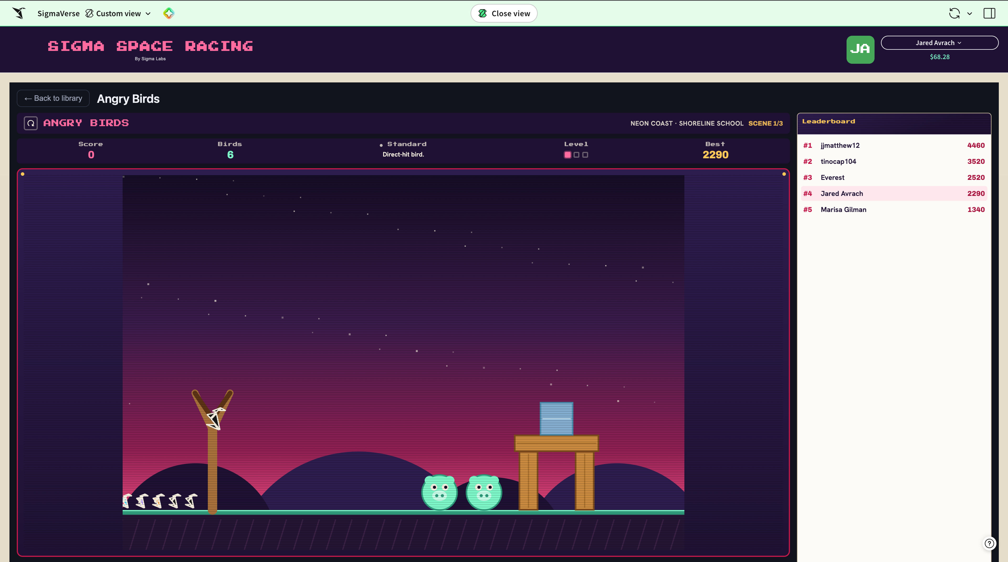Angry Birds running as a game inside SigmaVerse, with a live leaderboard showing player scores