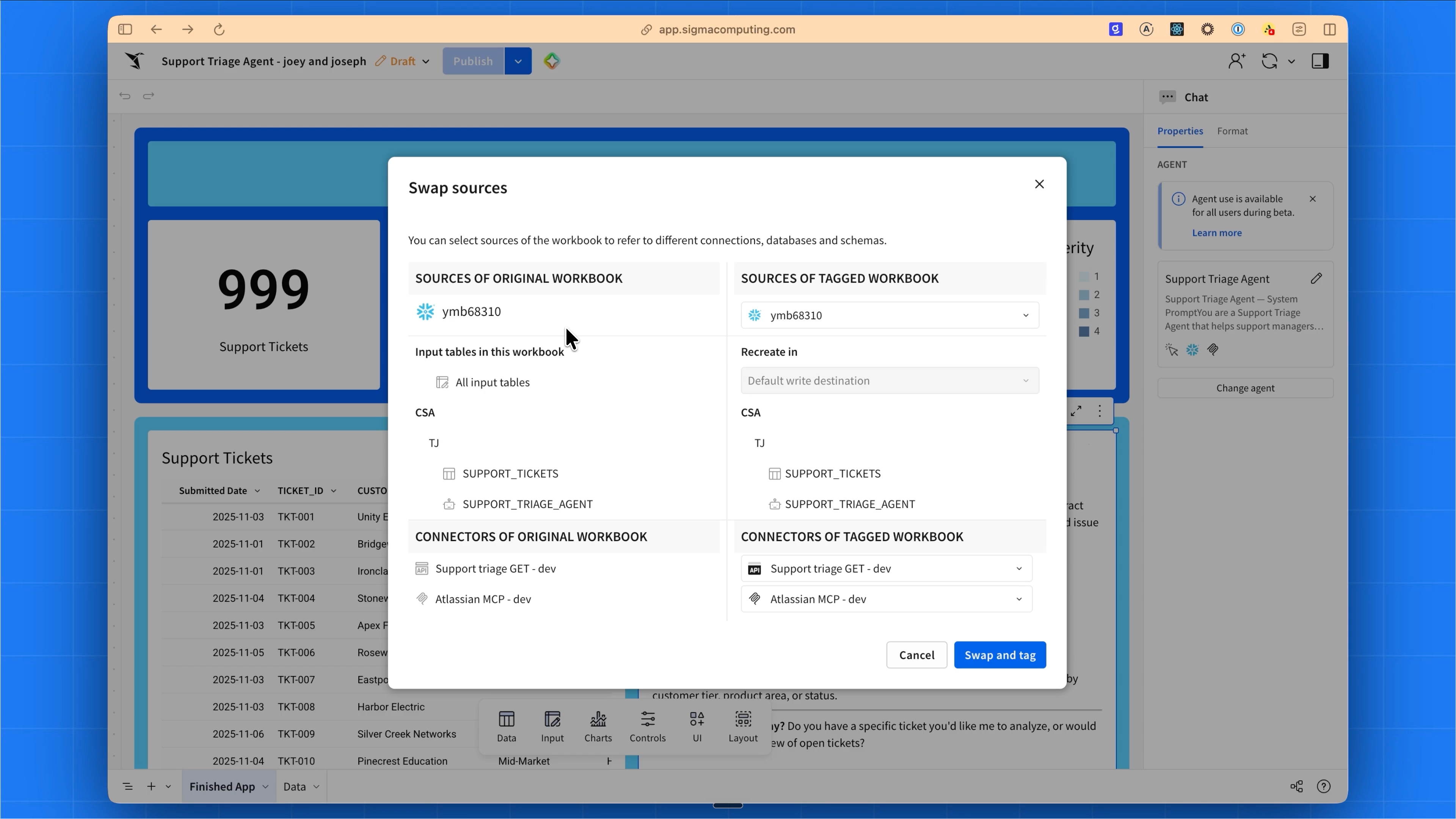 Sigma’s Swap sources dialog moving an agent’s sources, connectors, and MCP tools between environments.